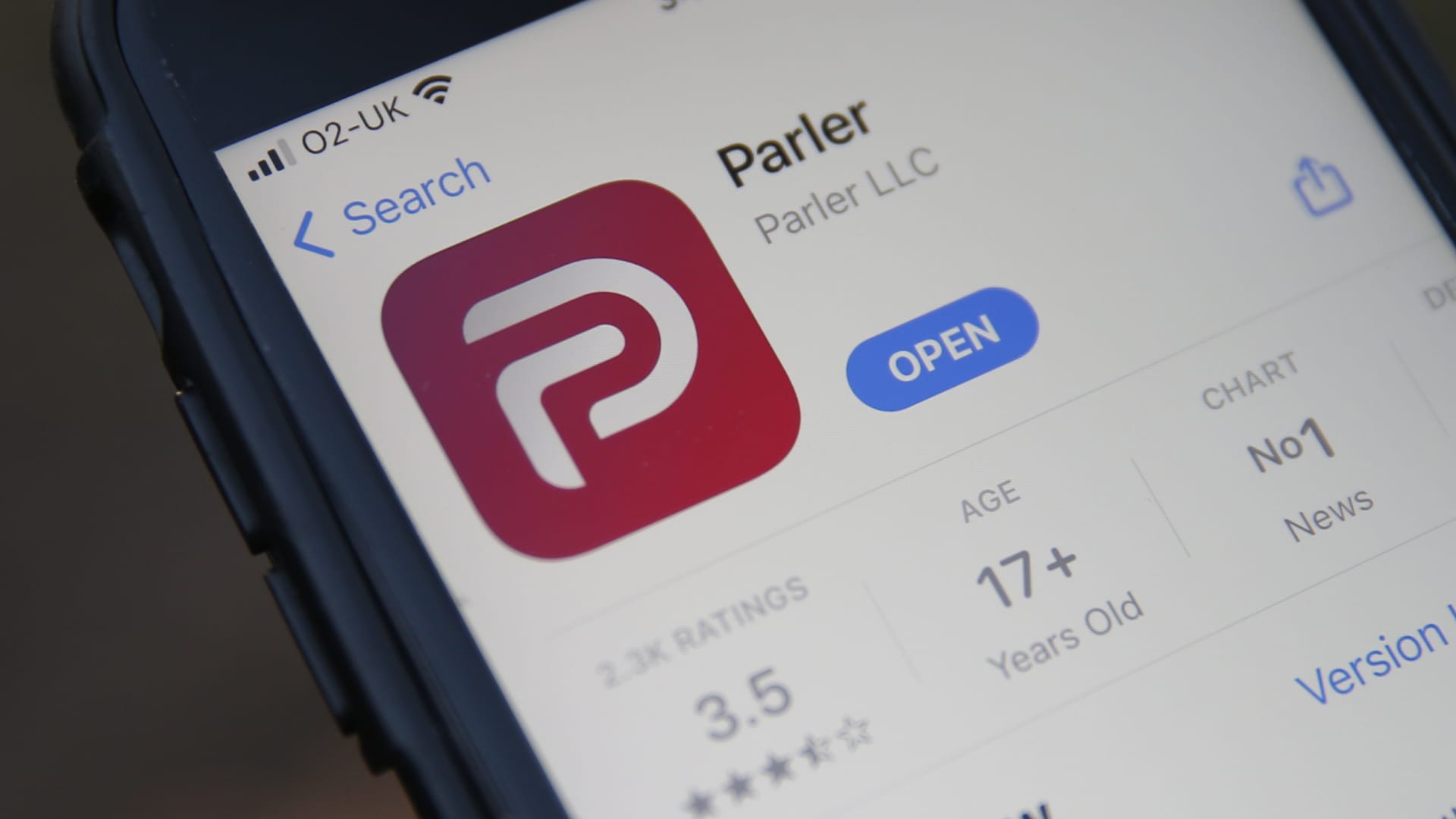 A general view of the the Parler app icon displayed on an iPhone on January 9, 2021 in London, England.