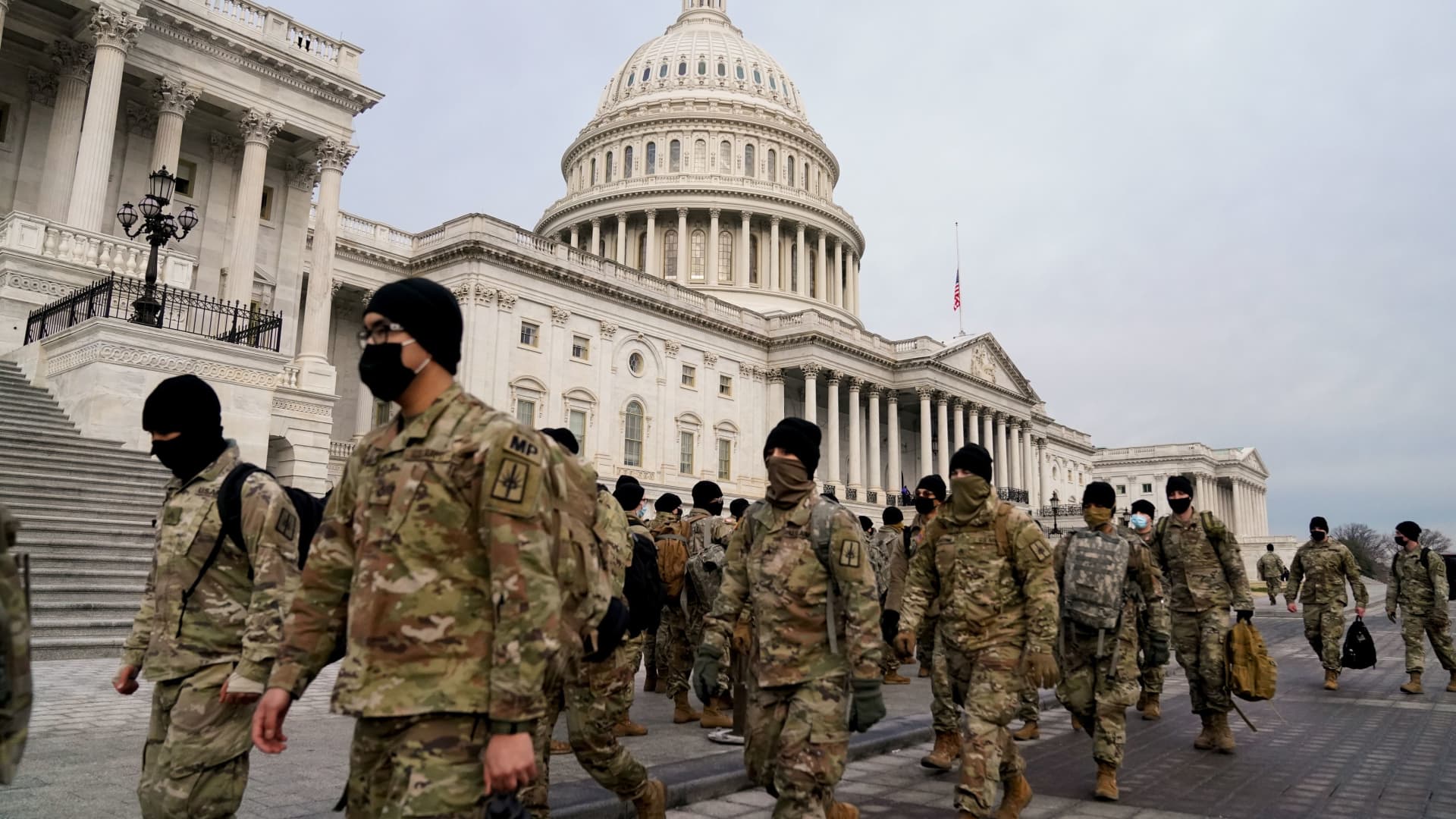 Members of the National Guard arrive to the U.S. Capitol days after supporters of U.S. President Donald Trump stormed the Capitol in Washington, U.S. January 11, 2021.