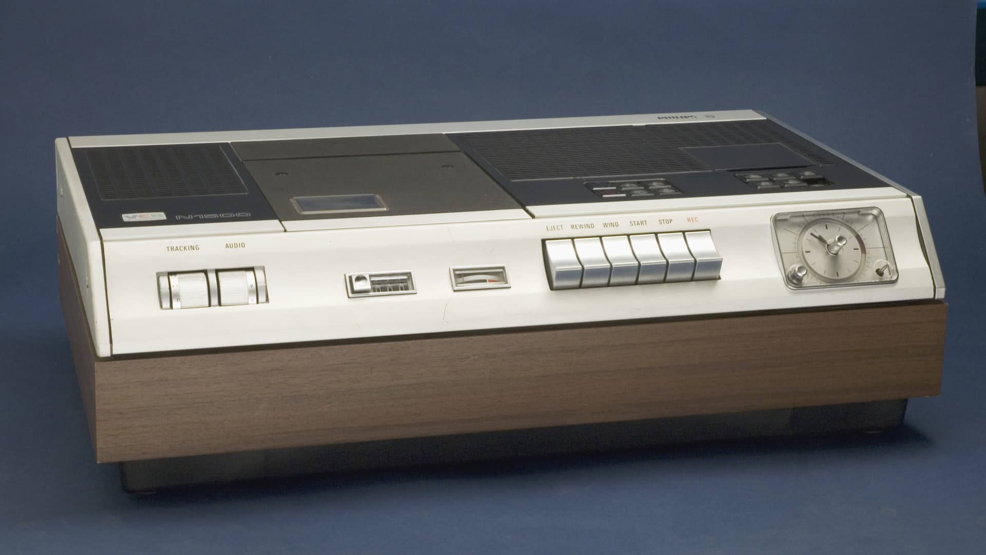 Launched in 1971, this was the first practical domestic video recorder. It had a built-in TV tuner and timer so you could set it to record whilst you were out and it was fully automatic in operation.