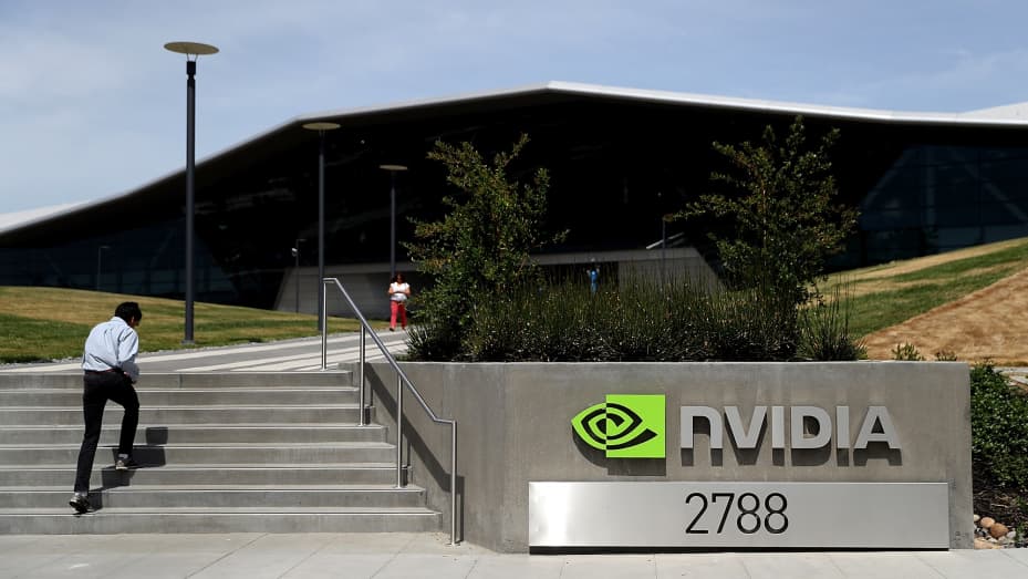 A sign is posted in front of the Nvidia headquarters on May 10, 2018 in Santa Clara, California.