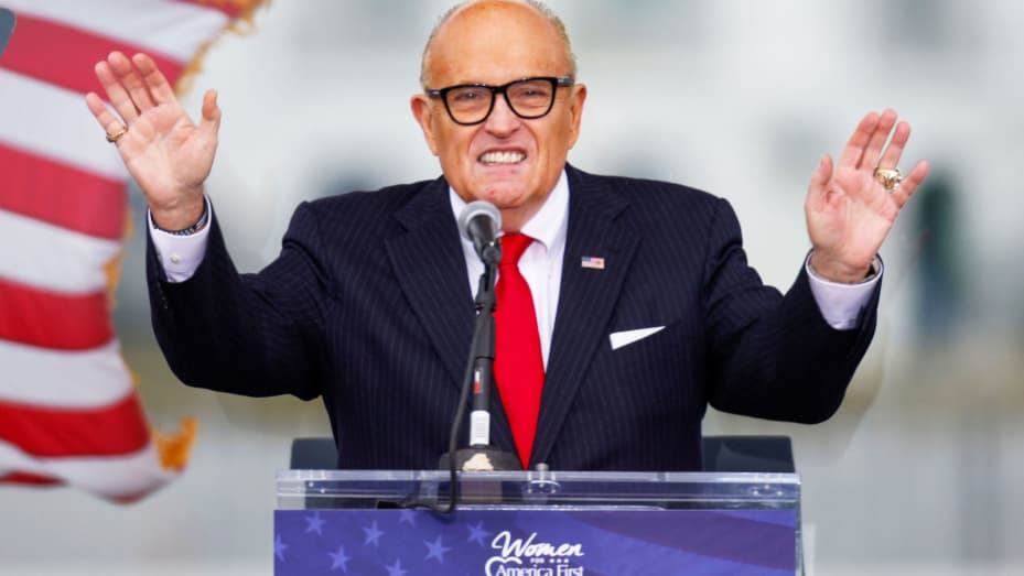 U.S. President Donald Trump's personal lawyer Rudy Giuliani speaks as Trump supporters gather by the White House ahead of his speech to contest the certification by the U.S. Congress of the results of the 2020 U.S. presidential election in Washington, Jan