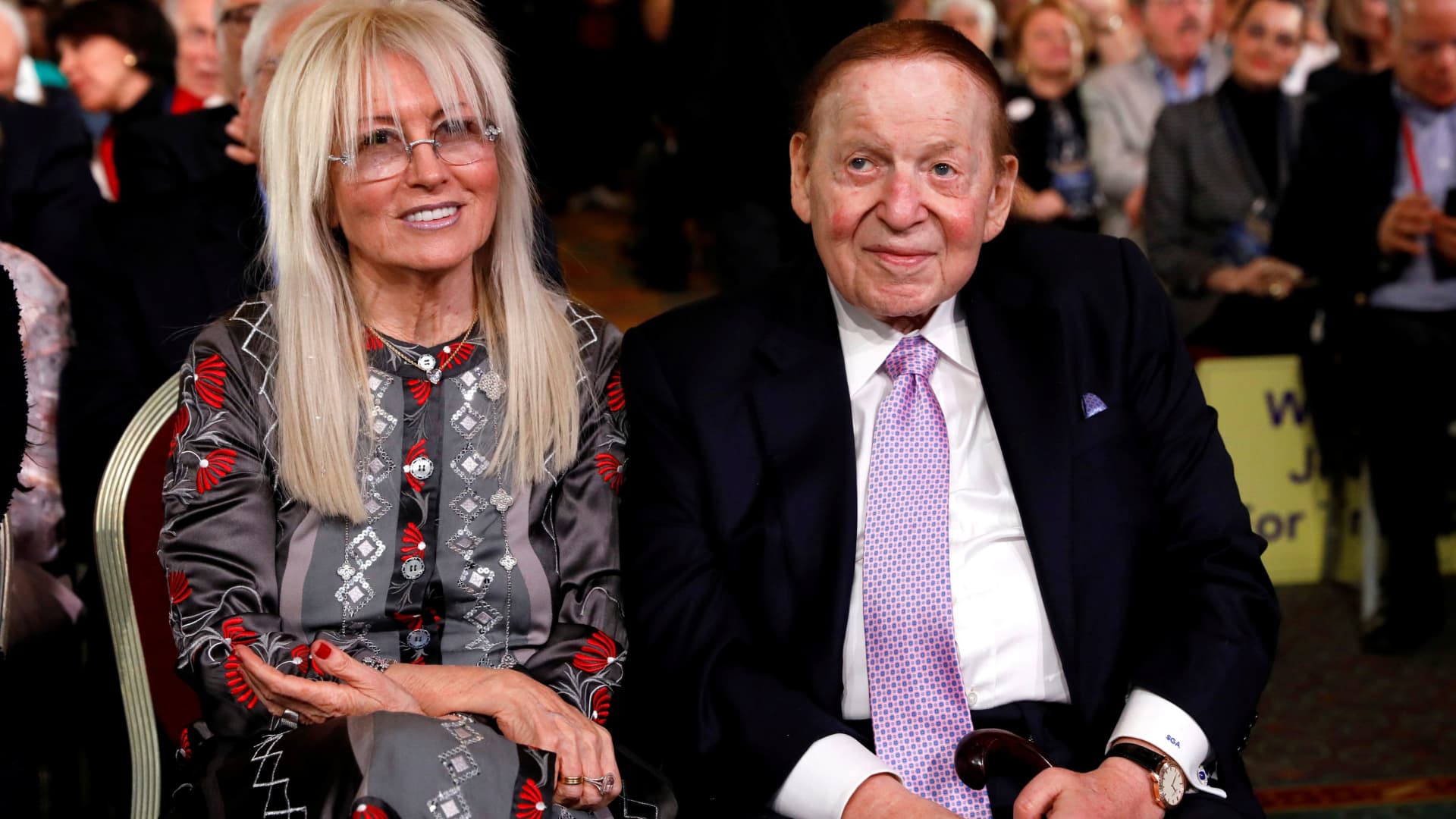 Casino magnate Sheldon Adelson and his wife Miriam listen to U.S. President Donald Trump address the Republican Jewish Coalition 2019 Annual Leadership Meeting in Las Vegas, Nevada, U.S., April 6, 2019.