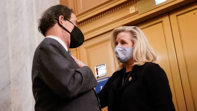 Rep. Jamie Raskin (D-MD) talks with Rep. Liz Cheney (R-WY) in the U.S. Capitol after the House voted on a resolution demanding U.S. Vice President Pence and the cabinet remove President Trump from office, in Washington, U.S., January 12, 2021.