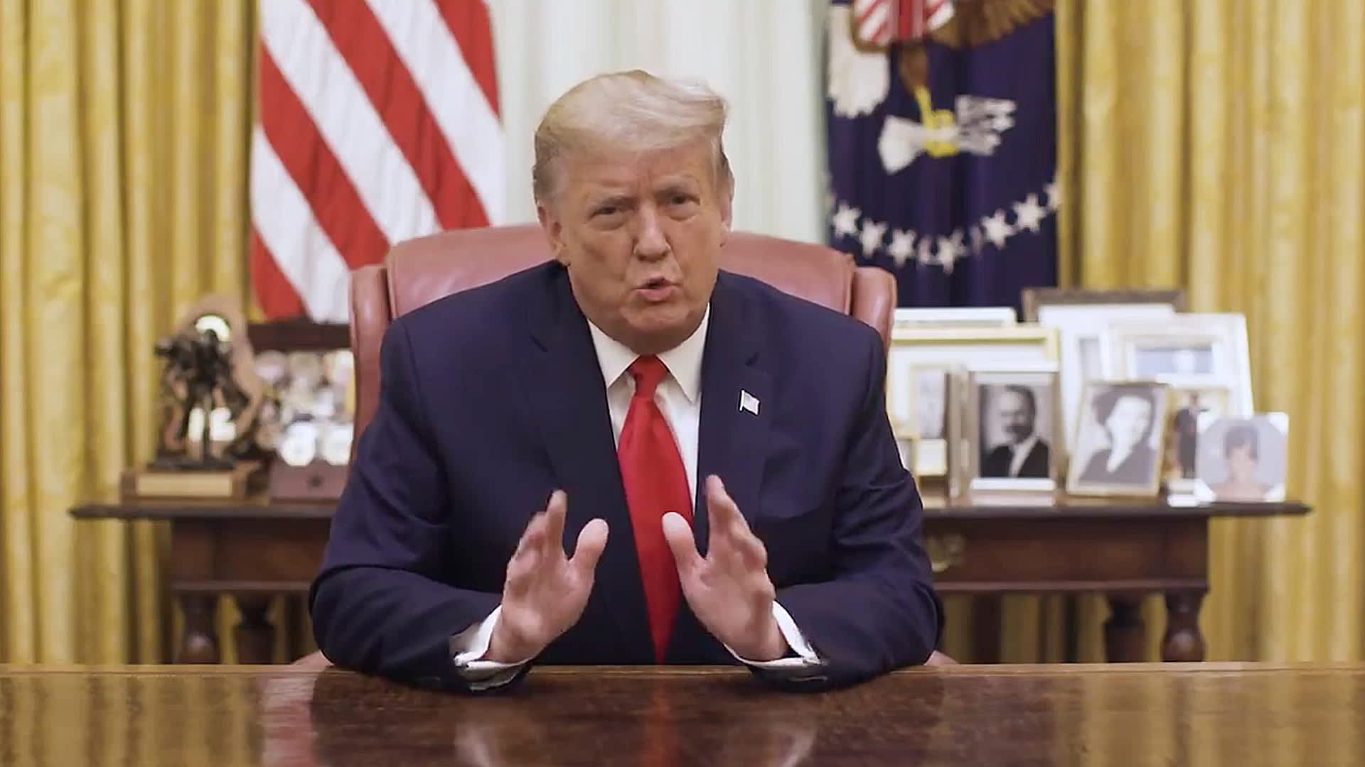 U.S. President Donald Trump speaks in a video message released via Twitter in Washington, U.S. January 13, 2021.