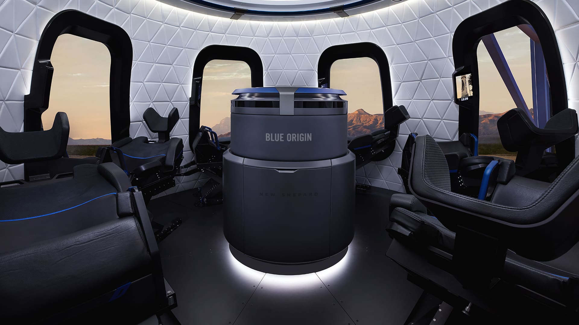 The interior of the latest New Shepard capsule