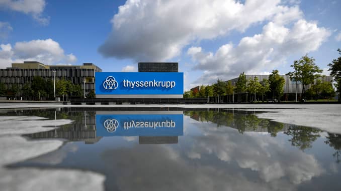 The logo of Thyssenkrupp displayed outside its offices in Essen, Germany.