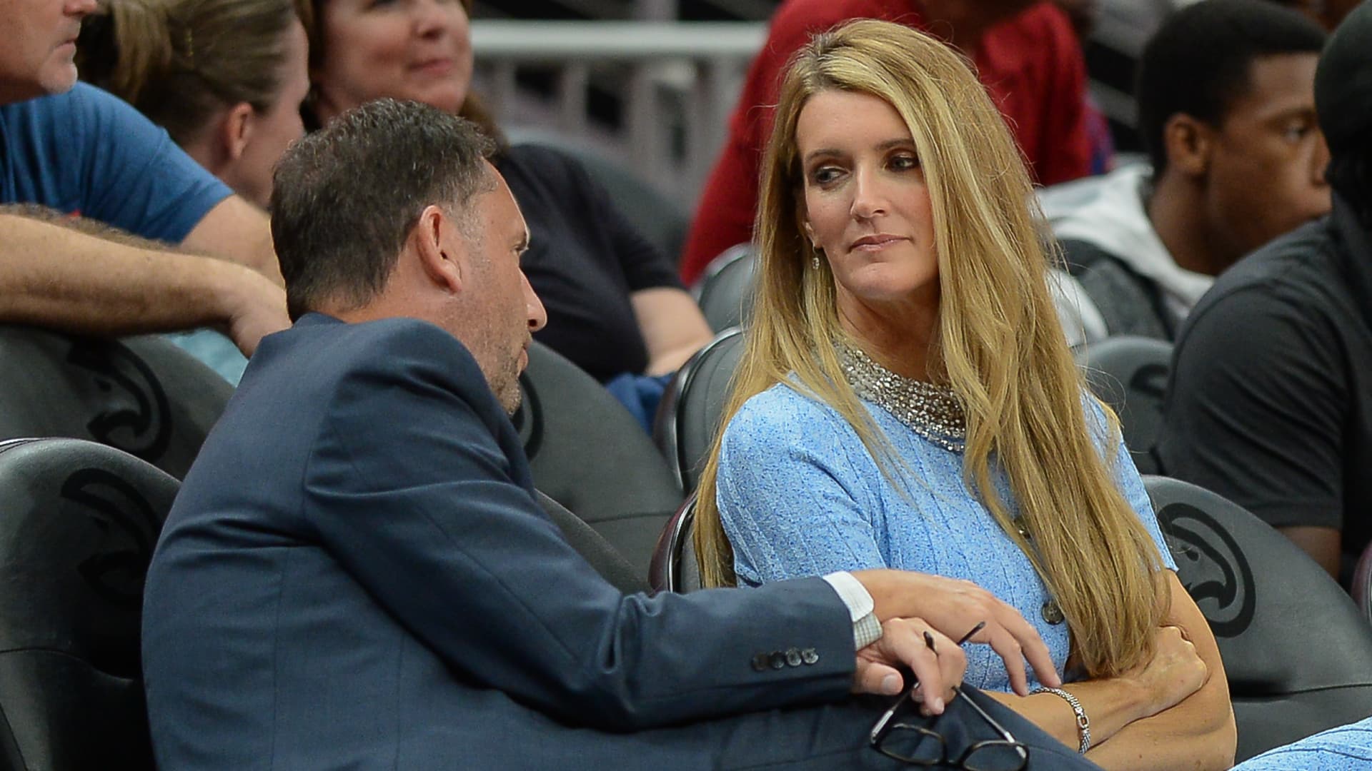 Atlanta owner Kelly Loeffler (right) talks with Dream General Manager Chris Sienko (left) during the WNBA game between the Las Vegas Aces and the Atlanta Dream on September 5th, 2019 at State Farm Arena in Atlanta, GA.