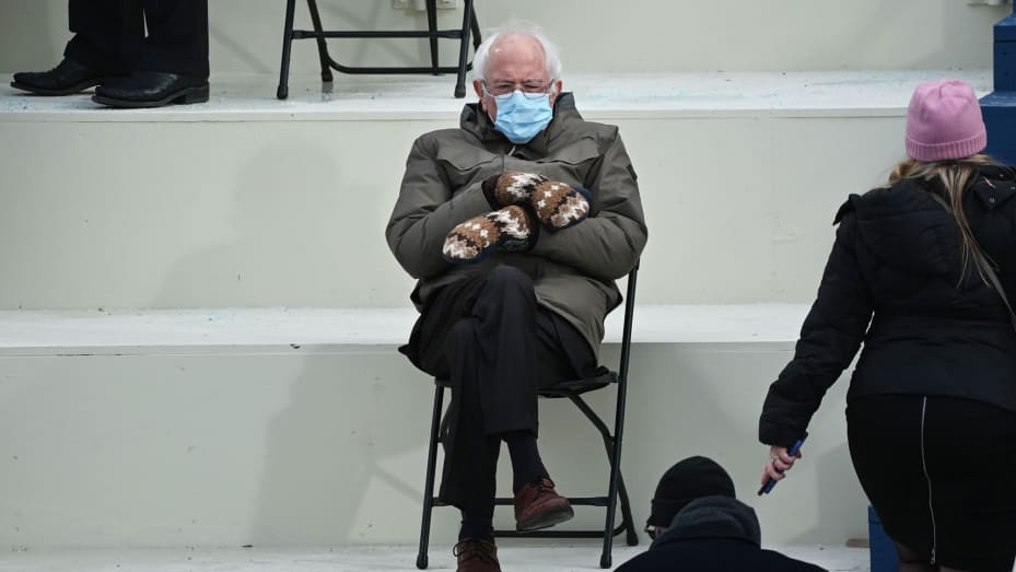 Former presidential candidate, Senator Bernie Sanders (D-Vermont) sits in the bleachers on Capitol Hill before Joe Biden is sworn in as the 46th US President on January 20, 2021, at the US Capitol in Washington, DC.