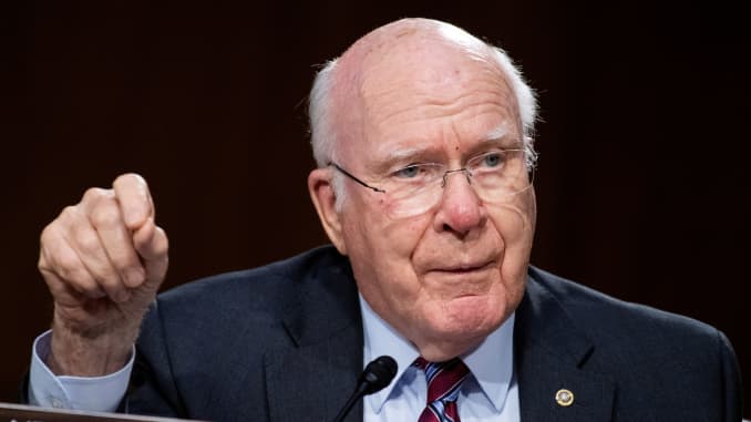 Senator Patrick Leahy (D-VT) asks a question during the Senate Judiciary Committee hearing titled Police Use of Force and Community Relations in Dirksen Senate Office Building in Washington, D.C., U.S., June 16, 2020.