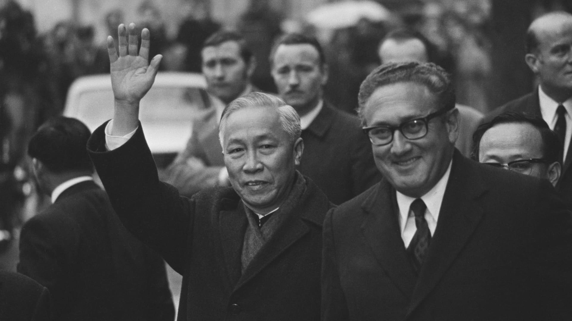 North Vietnam's Le Duc Tho (left) and US National Security Advisor Henry Kissinger at the Paris peace talks, January 1973. They were jointly awarded the 1973 Nobel Peace Prize later that year.