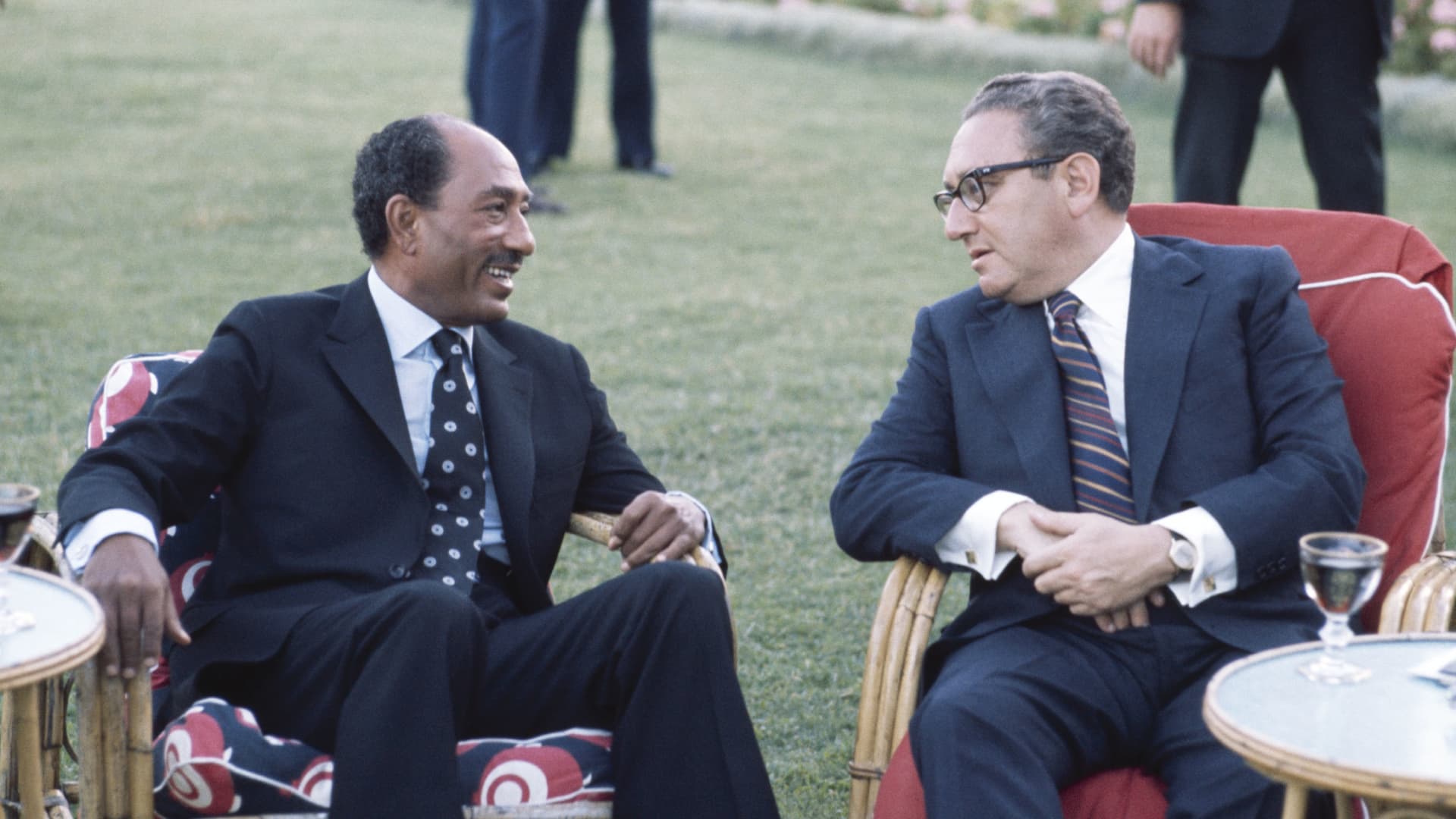 Egyptian President Anwar Sadat and U.S. Secretary of State Henry Kissinger (R) talk during the Sinai II negotiations, which resulted in land being returned to Egypt in 1975 in Alexandria, Egypt.