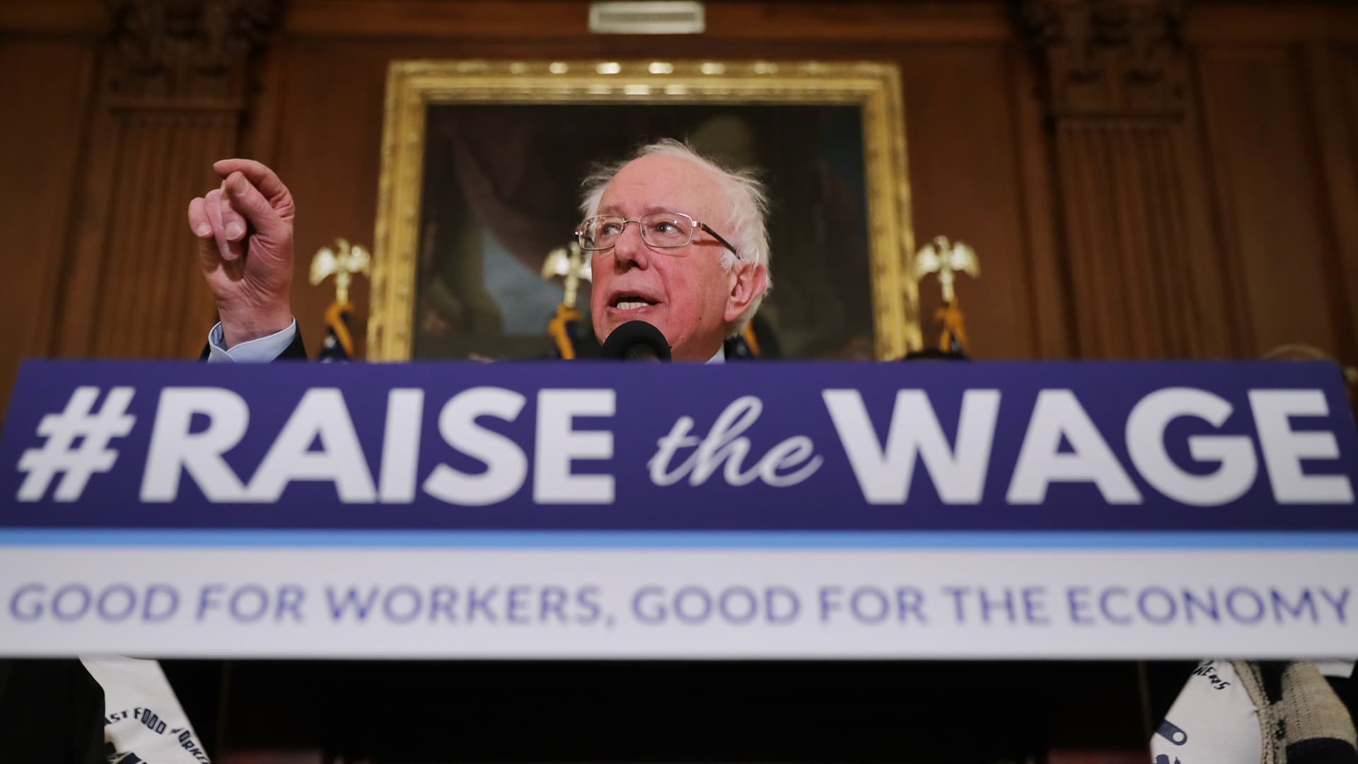 Sen. Bernie Sanders, I-Vt., speaks during an event to introduce the Raise The Wage Act at the U.S. Capitol on Jan. 16, 2019.