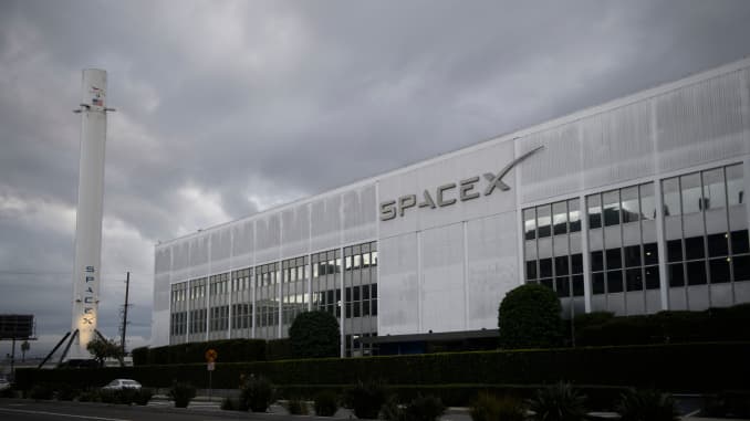 A Falcon 9 rocket is displayed outside the Space Exploration Technologies Corp. (SpaceX) headquarters on January 28, 2021 in Hawthorne, California.
