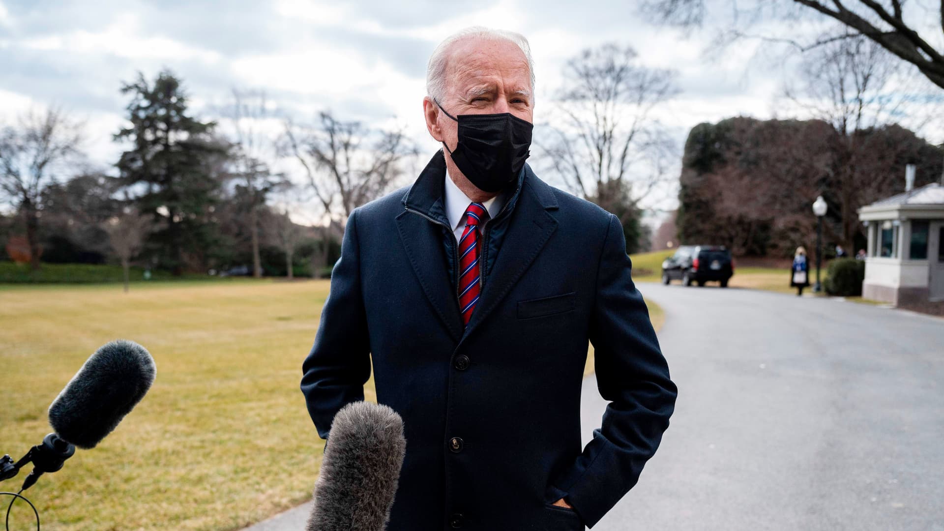 President Joe Biden speaks to the press as he departs the White House in Washington, DC, on January 29, 2021. - Biden travels to Walter Reed National Military Medical Center in Bethesda, Maryland.