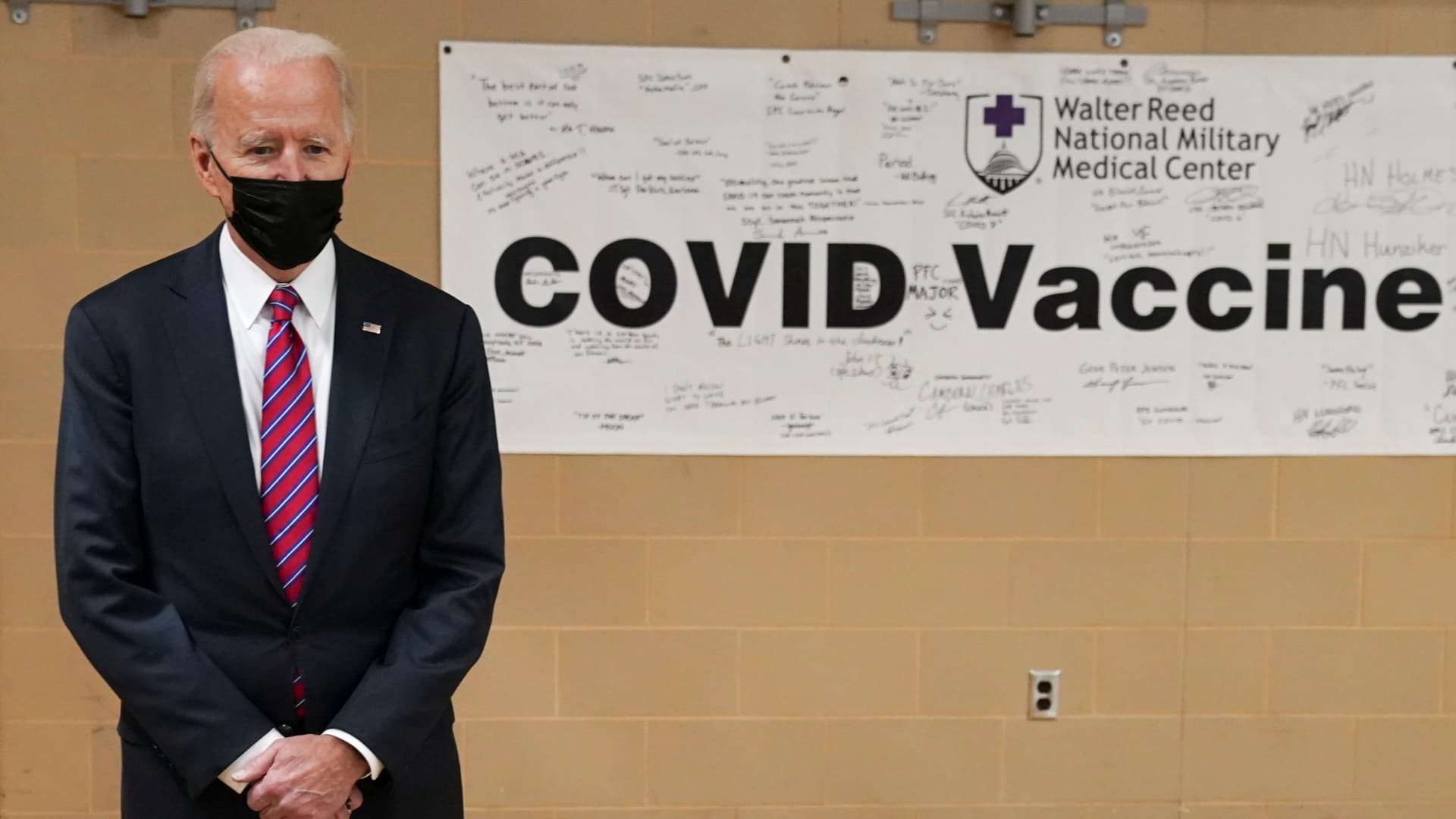 President Joe Biden visits a coronavirus disease (COVID-19) vaccination site during a visit to Walter Reed National Military Medical Center in Bethesda, Maryland, Jan. 29, 2021.