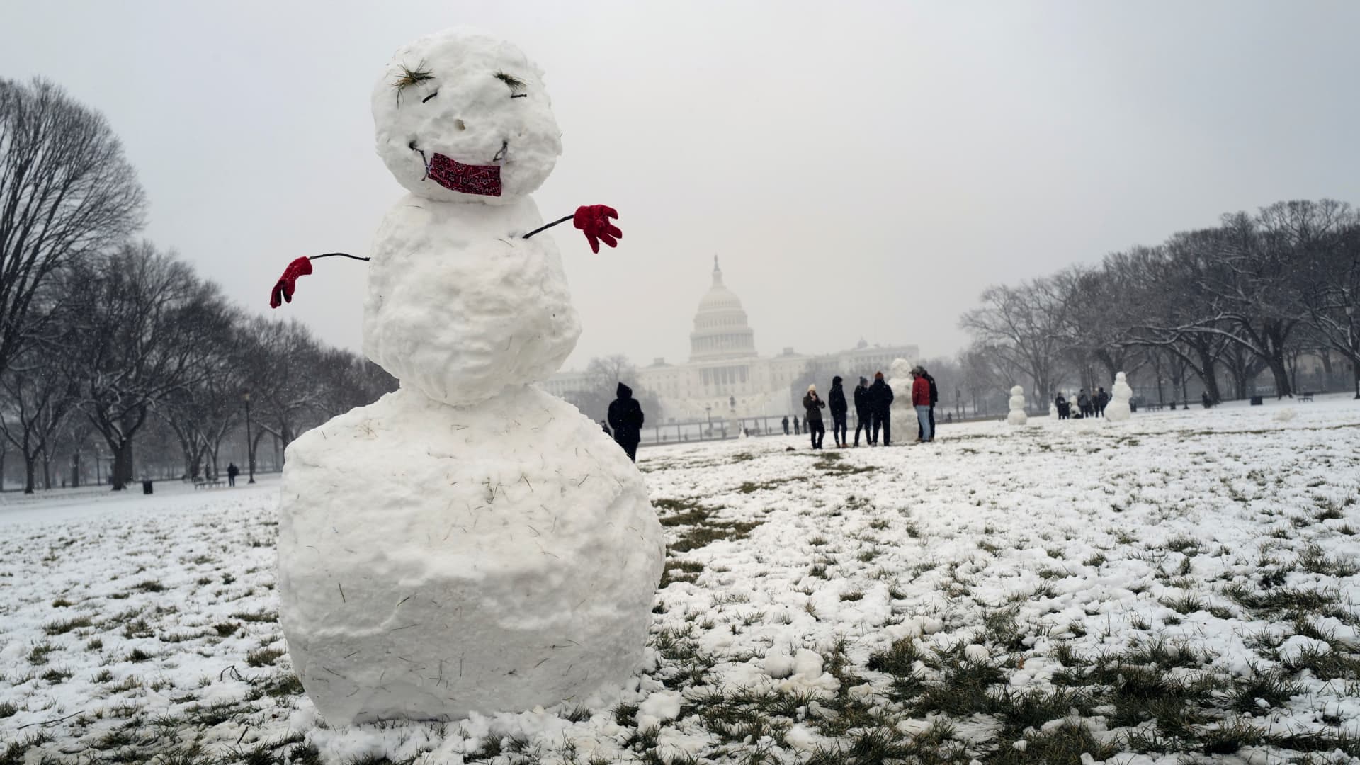 A snowman is seen at the National Mall near the U.S. Capitol in Washington, U.S., January 31, 2021.