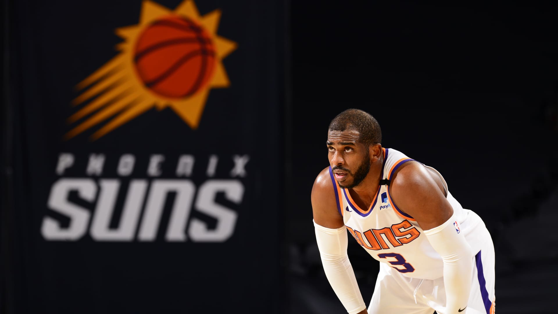 Chris Paul #3 of the Phoenix Suns looks on during the game against the Oklahoma City Thunder on January 27, 2021 at Talking Stick Resort Arena in Phoenix, Arizona.