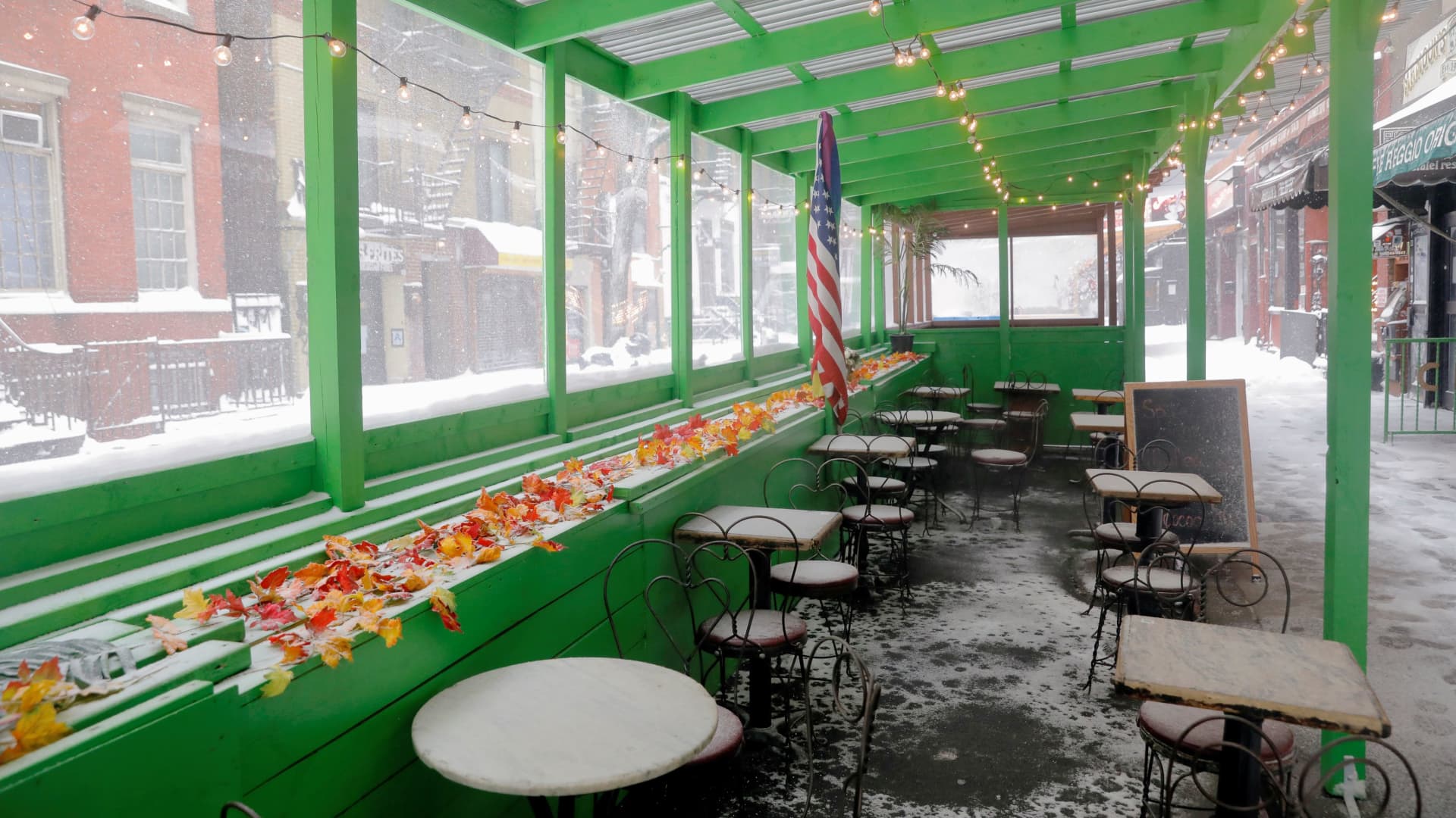 An outdoor eating area is seen in Greenwich Village neighborhood during a snow storm, amid the coronavirus disease (COVID-19) outbreak, in the Manhattan borough of New York City, February 1, 2021.