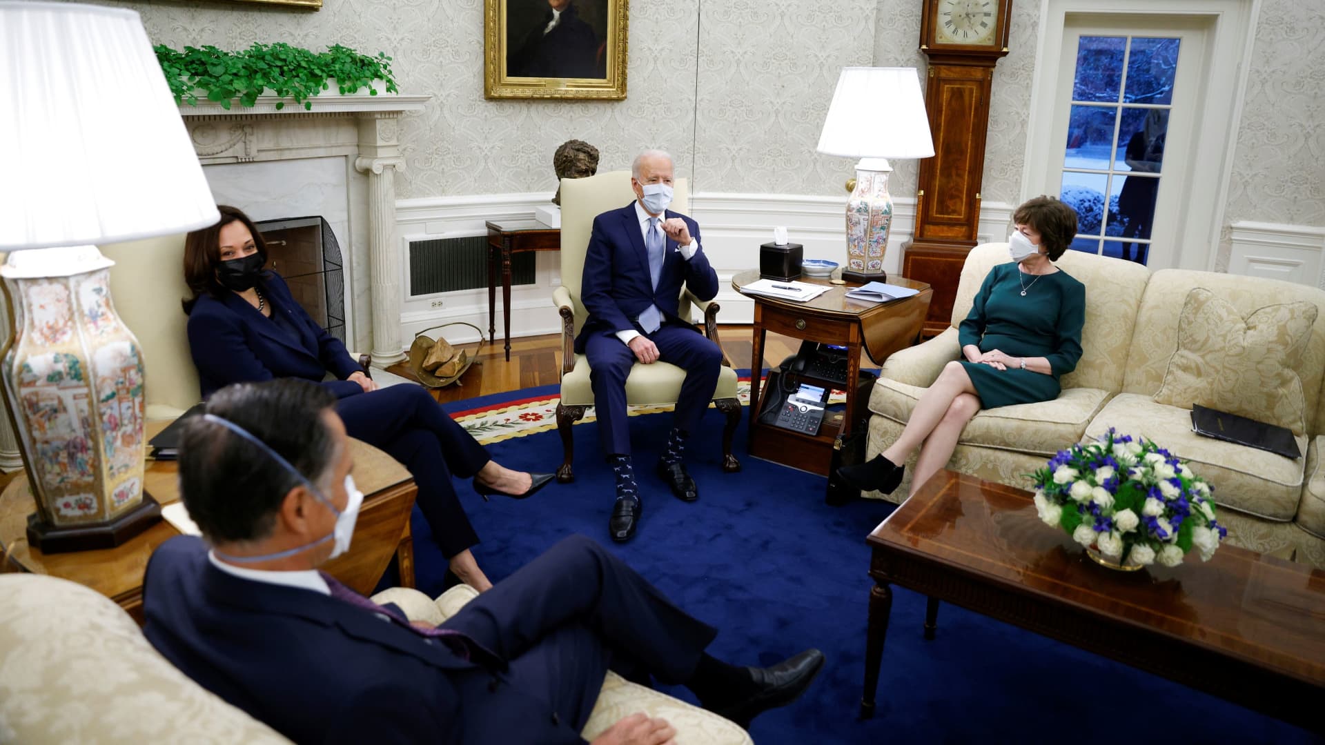 President Joe Biden and Vice President Kamala Harris meet with a group of Republican senators to discuss coronavirus federal aid legislation inside the Oval Office on Feb. 1, 2021.