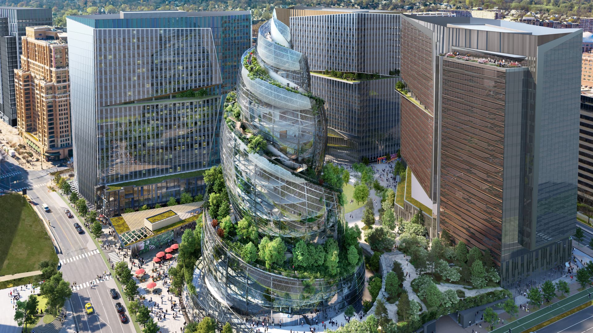 Amazon HQ2 rendering showing the Helix, which includes work space, will also be open to the public select weekends every month.