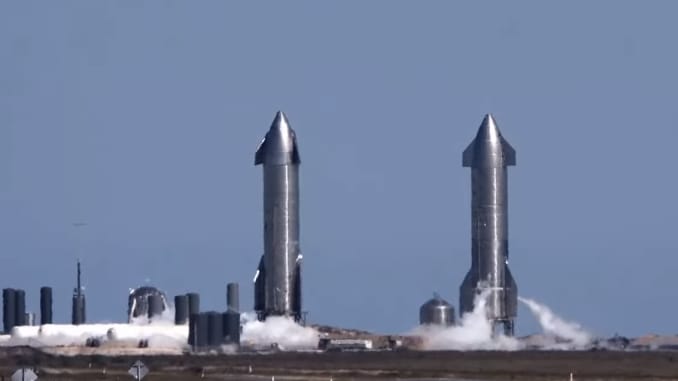 Starship prototype rockets SN9 (right) and SN10 on launchpads at the company's development facility in Boca Chica, Texas.