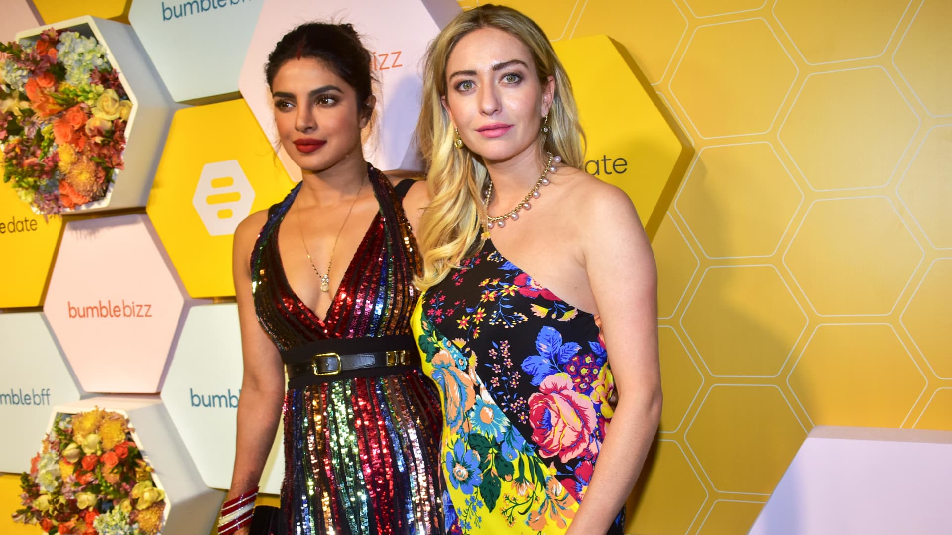 Indian actress and Bumble investor Priyanka Chopra, (L), with Bumble founder and CEO Whitney Wolf Herd, (R), seen posing for a picture at Bumble's India launch party at Soho House, Juhu In Mumbai.