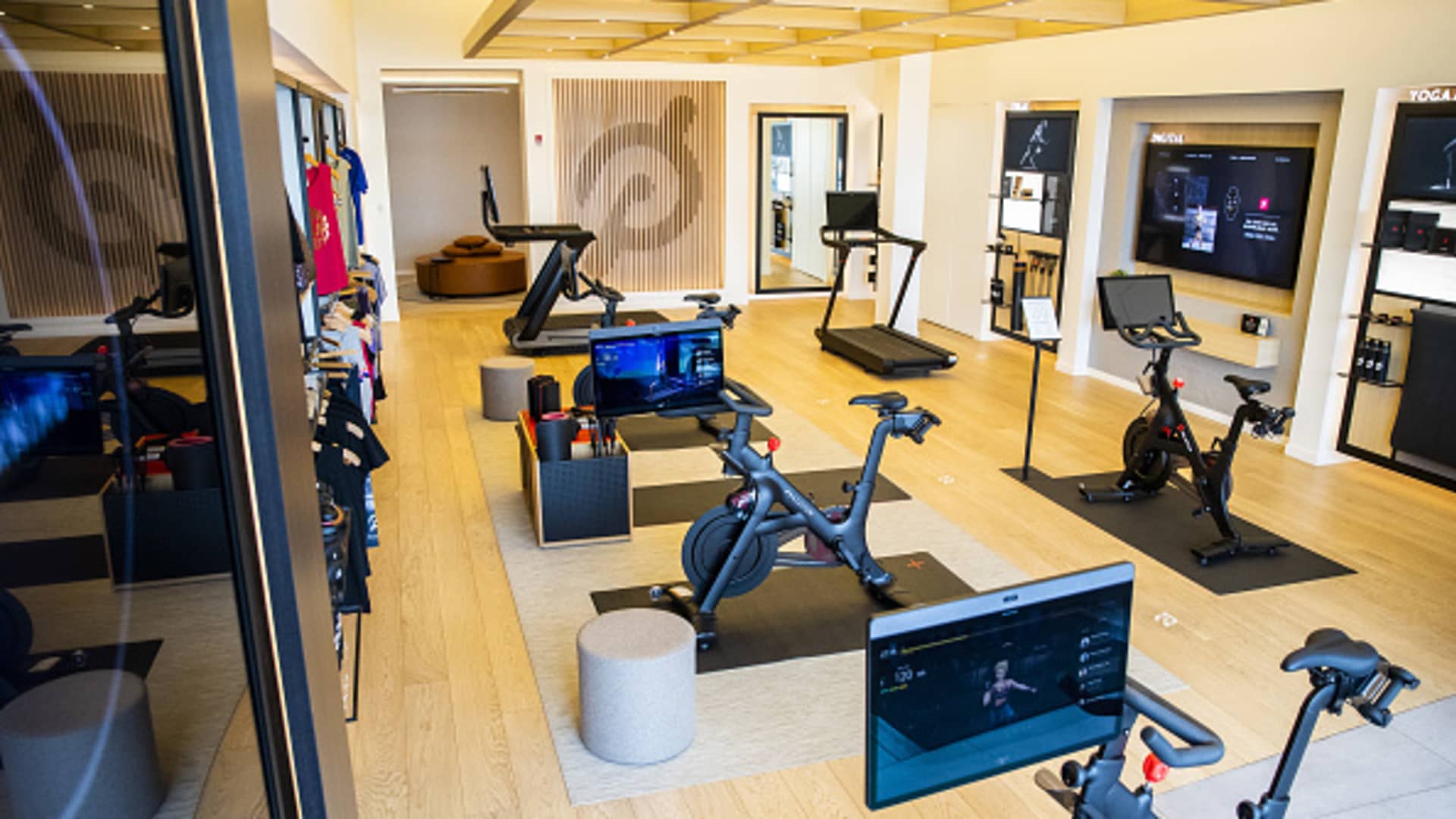 Exercise equipment and apparel for sale at the Peloton Interactive Inc. showroom in Dedham, Massachusetts, U.S., on Wednesday, Feb. 3, 2021.