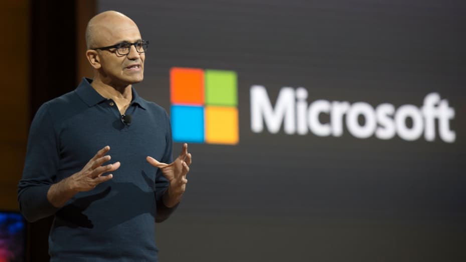 Microsoft chief executive officer Satya Nadella talks at a Microsoft news conference October 26, 2016. in New York.