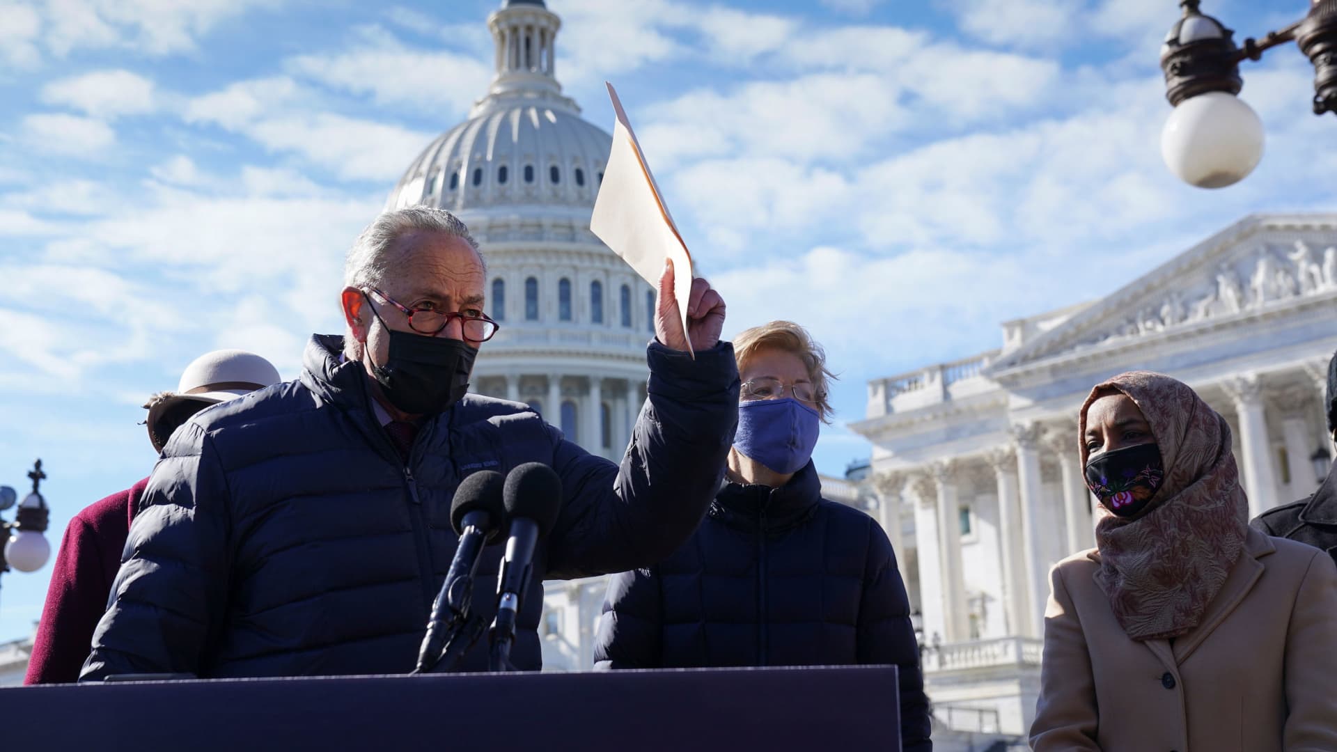 Senate Majority Leader Chuck Schumer (D-NY) holds a news conference to reintroduce a resolution to cancel up to $50,000 of student loan debt, at the Capitol in Washington, U.S., February 4, 2021.