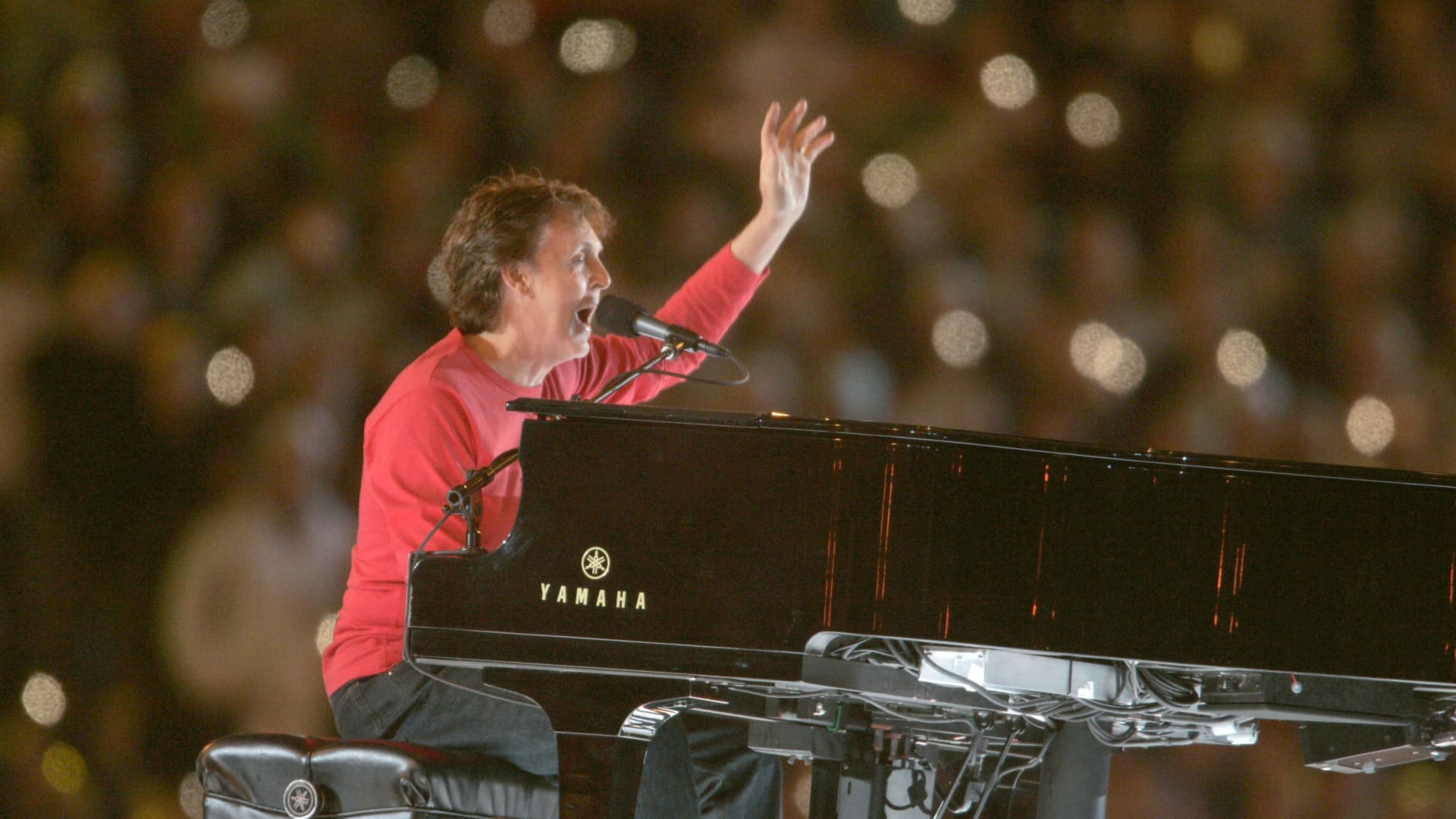 Paul McCartney performs during the halftime show of Super Bowl XXXIX in Jacksonville, Fla, on Feb.6, 2005 at ALLTEL Stadium.