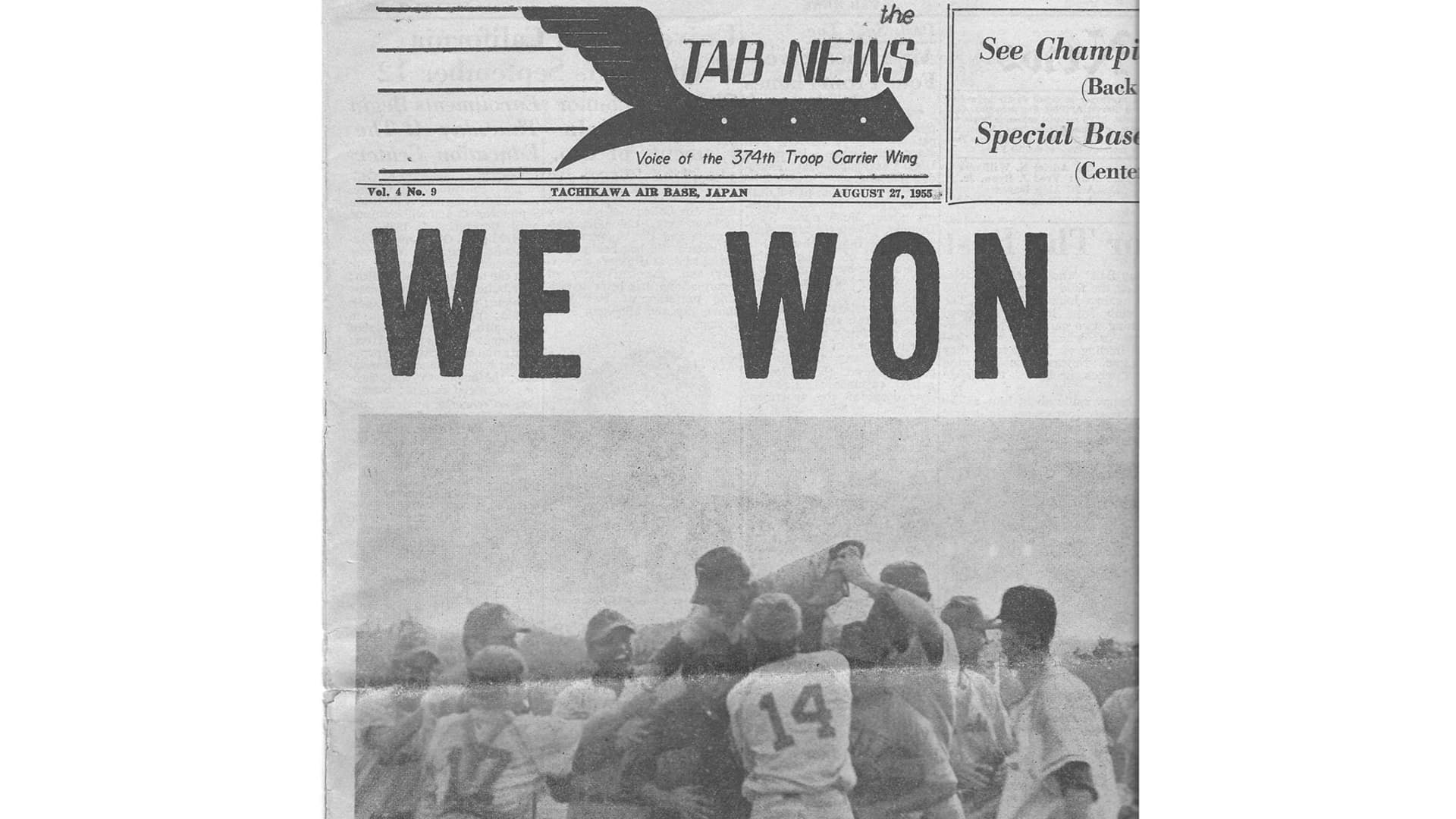 The front page of the Tachikawa Air Base newspaper on Aug. 27, 1955.