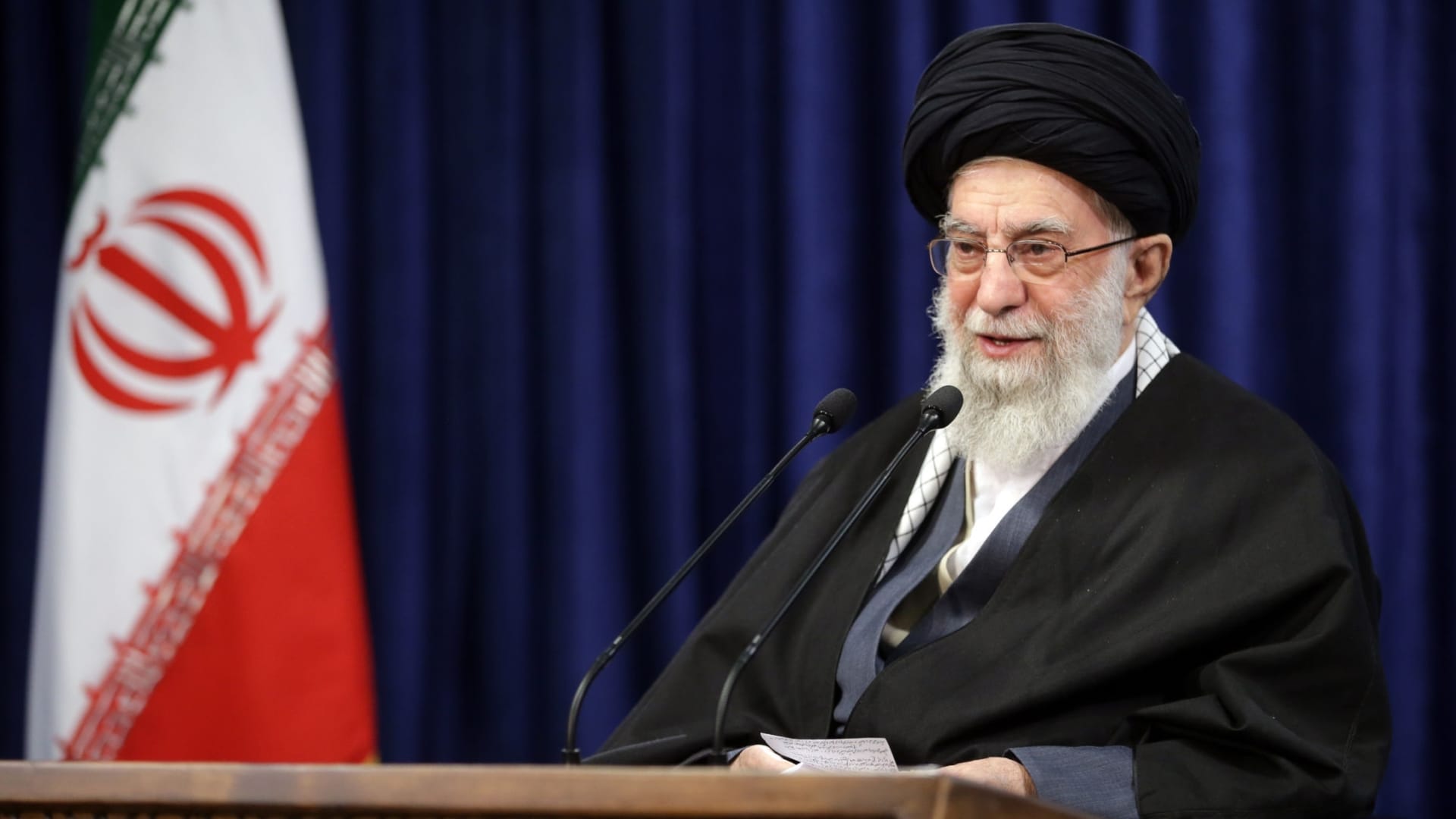 Iranian Supreme Leader Ali Khamenei addresses people via a live broadcast on state television on the occasion of the anniversary of the 1978 Qom protests in Tehran, Iran on January 08, 2021.