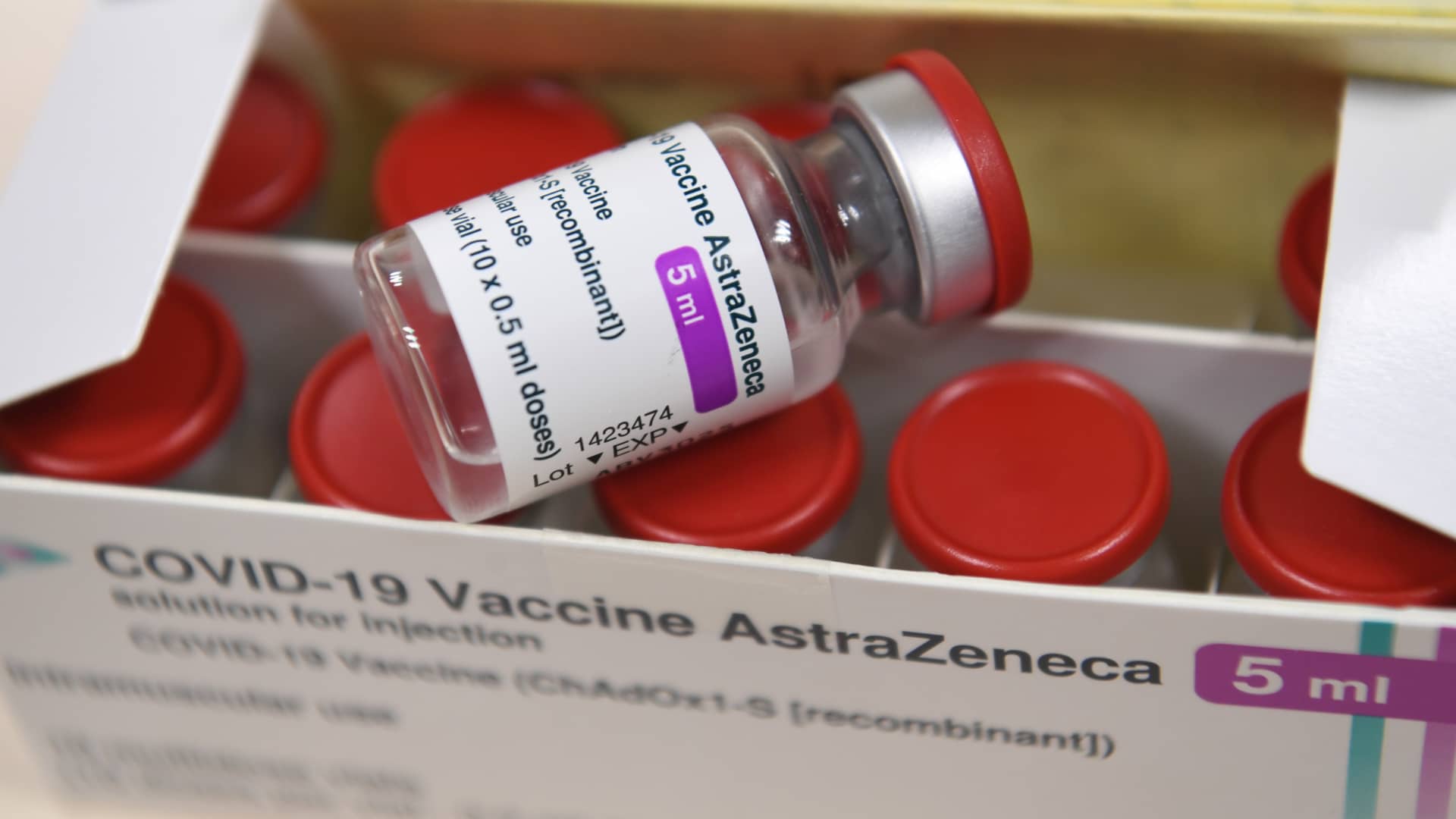 A box containing vials of the AstraZeneca Covid-19 vaccine is pictured at the Foch hospital in Suresnes, on February 6, 2021, on the start of a vaccination campaign for health workers with the AstraZeneca/Oxford vaccine.