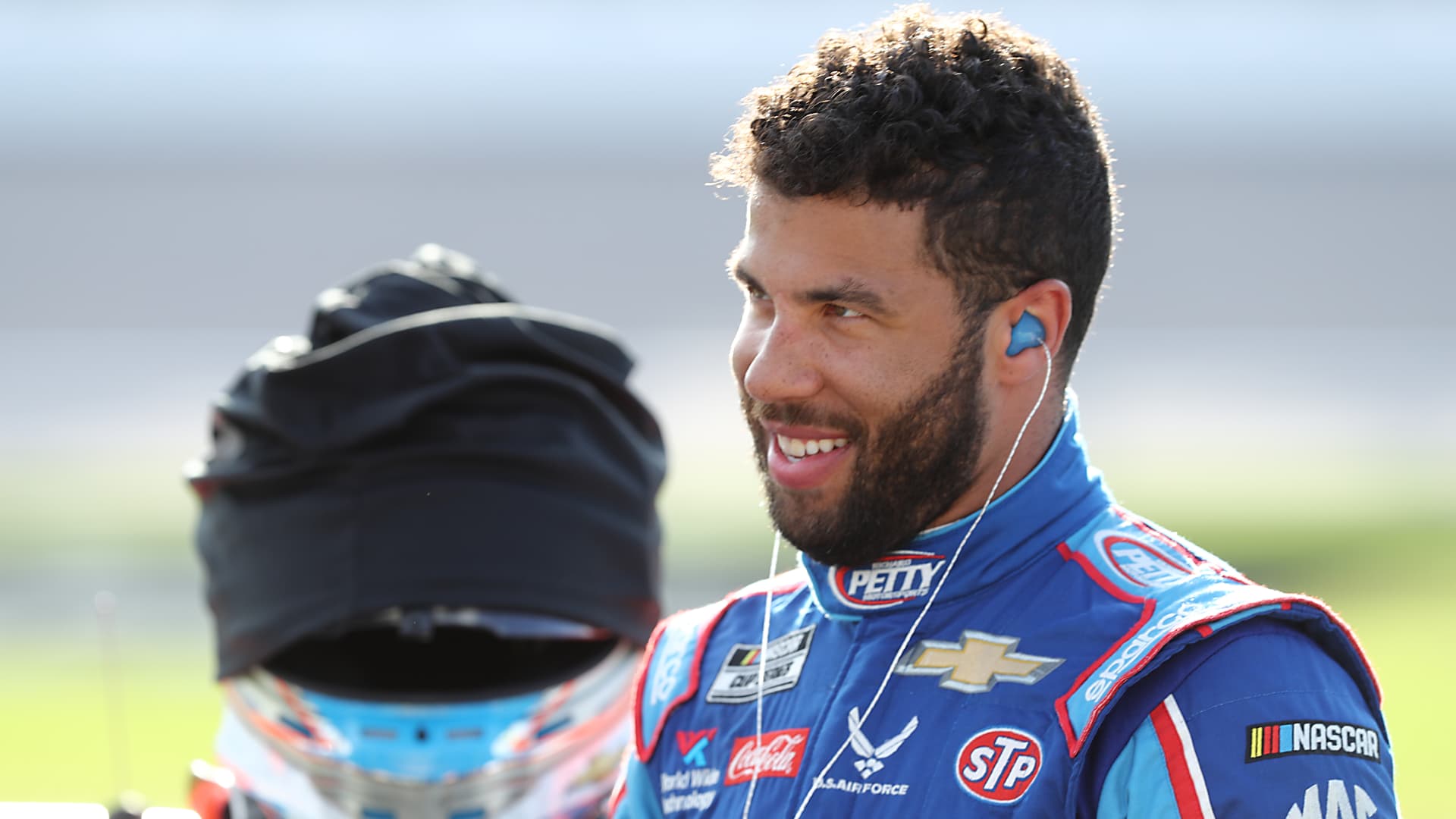 Bubba Wallace, driver of the #43 Victory Junction Chevrolet, prepares for the NASCAR Cup Series Super Start Batteries 400 Presented by O'Reilly Auto Parts at Kansas Speedway on July 23, 2020 in Kansas City, Kansas.