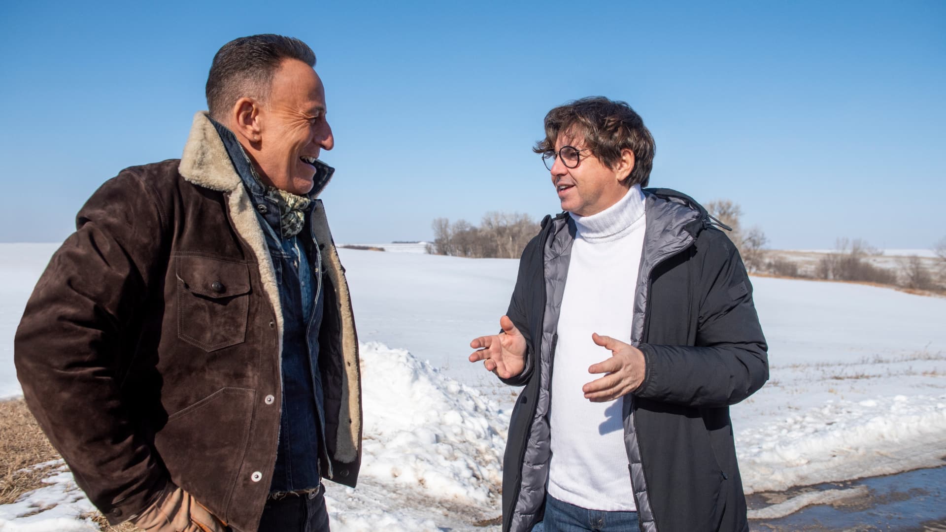 Bruce Springsteen (left) with Olivier Francois, chief marketing officer of Stellantis, during filming of the company's Super Bowl LV ad for Jeep.