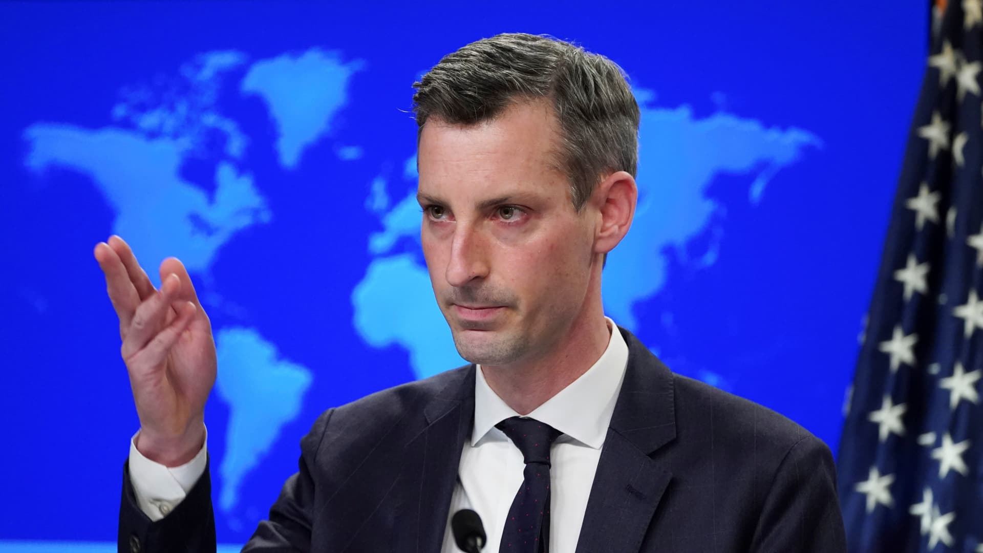 U.S. State Department Spokesman Ned Price speaks during a news briefing at the State Department in Washington, U.S., February 8, 2021.