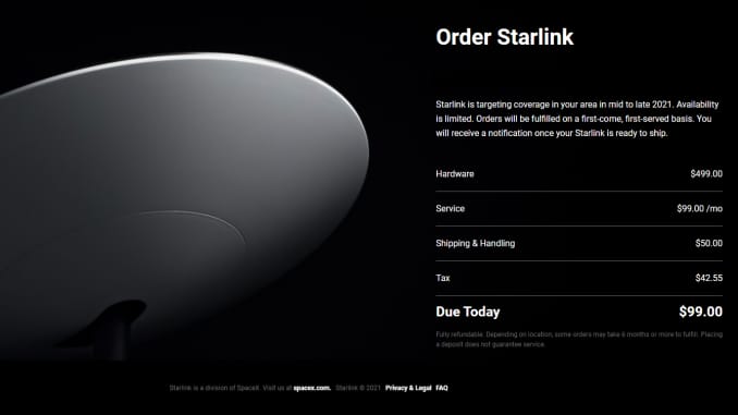 Uma captura de tela da página de pedido antecipado do Starlink.com em 9 de fevereiro de 2021.