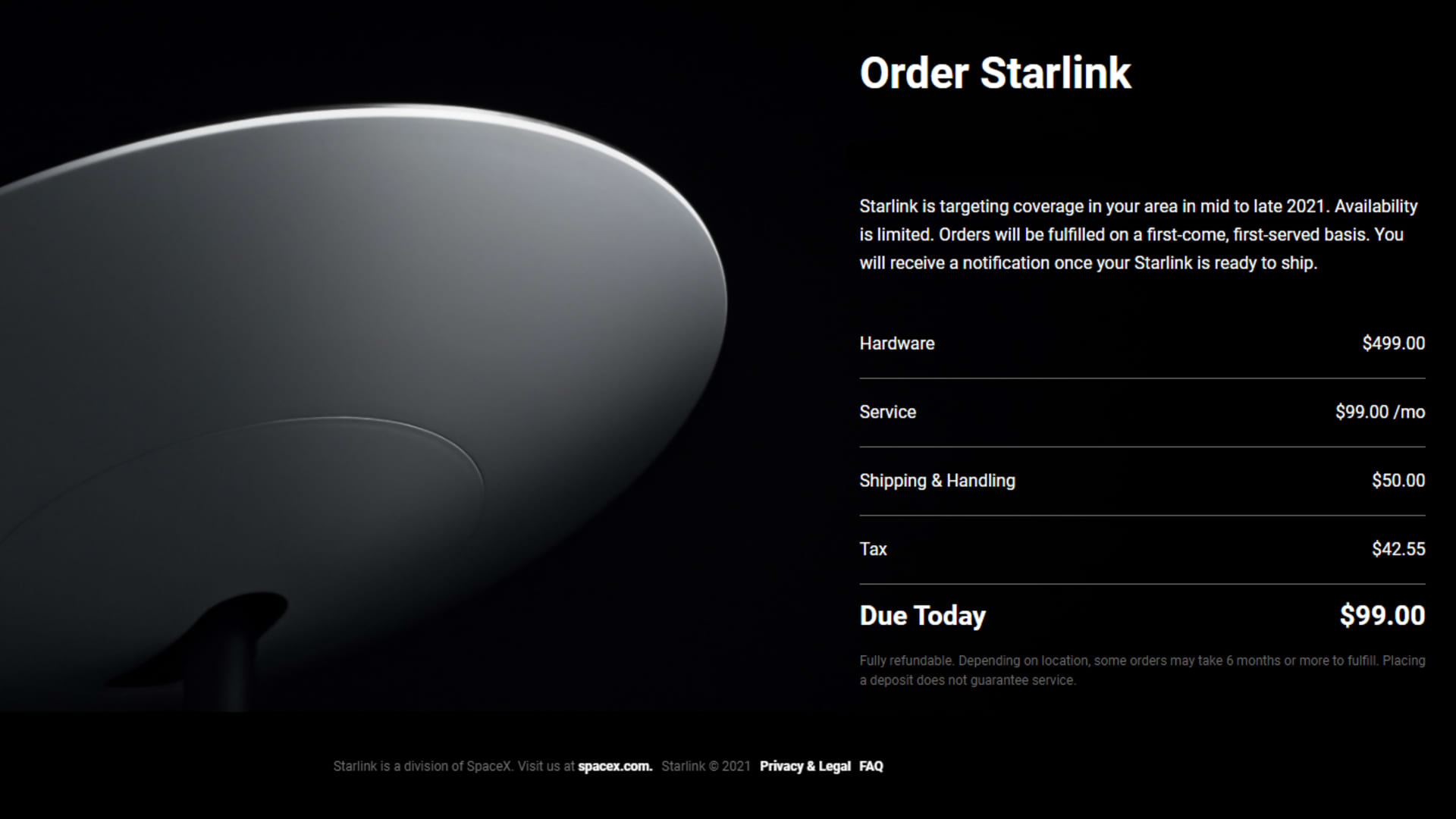 A screenshot of the preorder page of Starlink.com on Feb. 9, 2021.