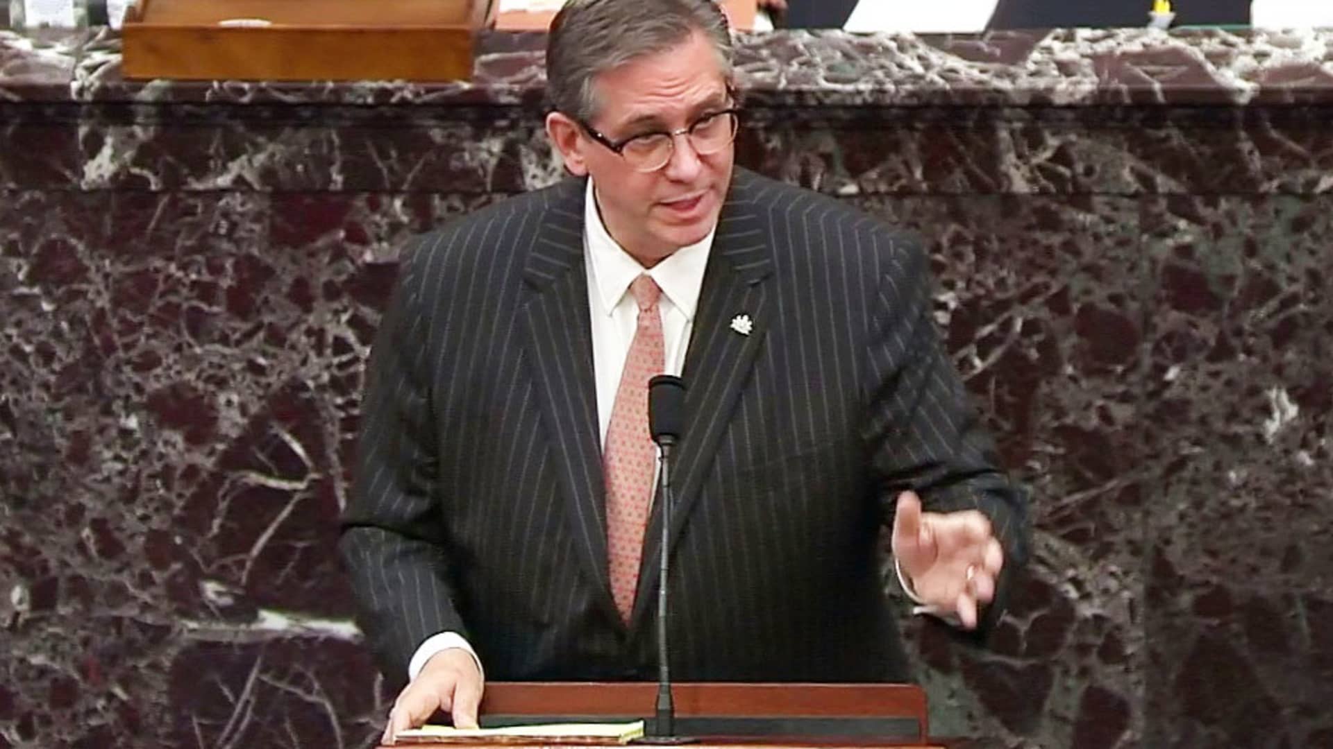 Attorney Bruce Castor, representing and defending former President Donald Trump, addresses the U.S. Senate as it begins the second impeachment trial of former president, on charges of inciting the deadly attack on the U.S. Capitol, on the floor of the Senate chamber on Capitol Hill in Washington, February 9, 2021.