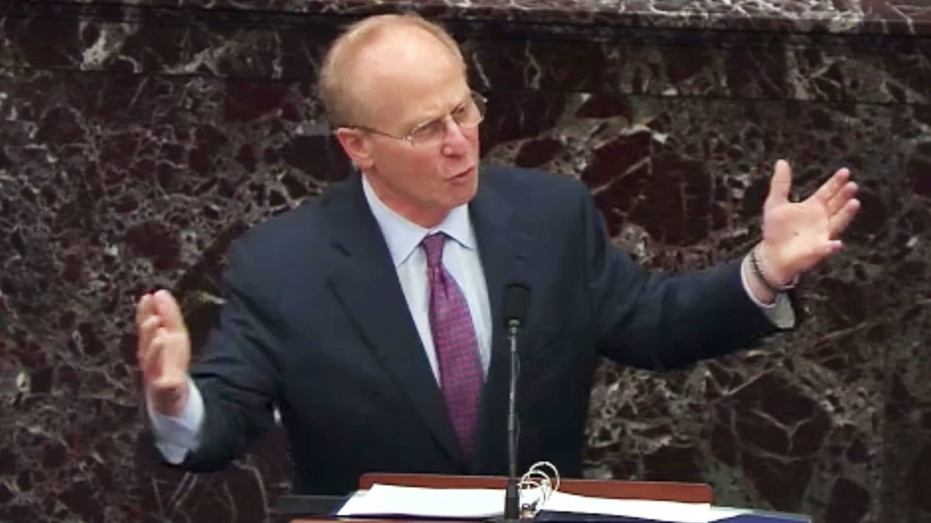 David Schoen, defense attorney for Donald Trump, speaks in the Senate Chamber in a video screenshot in Washington, D.C., on Tuesday, Feb. 9, 2021.
