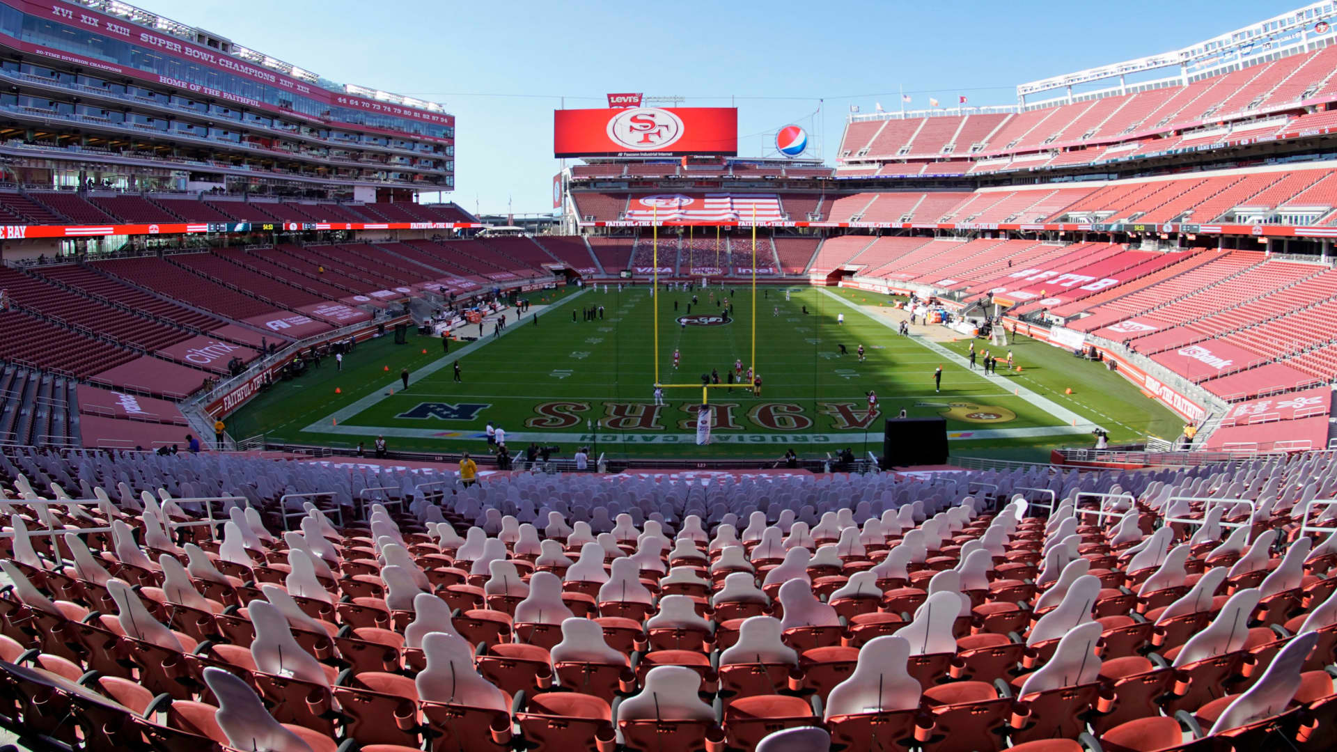 In this Oct. 4, 2020 file photo is an empty Levi's Stadium before an NFL football game.