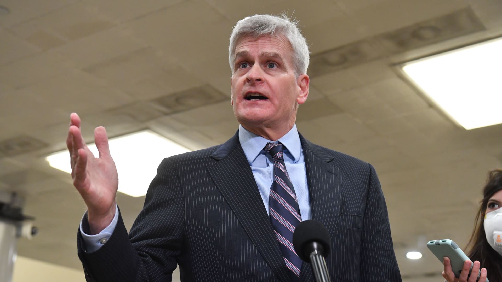 Republican Sen. Bill Cassidy of Louisiana speaks to the press on Capitol Hill on Feb. 10, 2021.