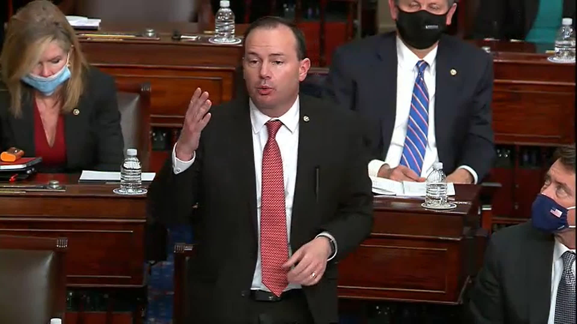 Sen. Mike Lee (R-UT) objects to House Impeachment managers using a telephone call Lee reportedly fielded from President Donald Trump on the day of the January 6 attack on the Capitol Building, on the second day of Trump's second impeachment trial at the U.S. Capitol on February 10, 2021 in Washington, DC.