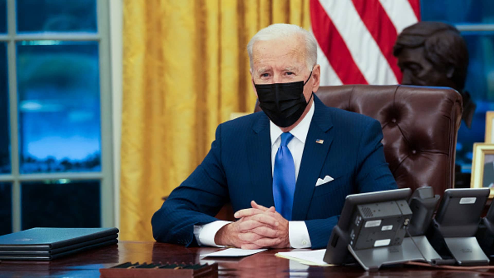 President Joe Biden makes brief remarks before signing several executive orders directing immigration actions for his administration in the Oval Office at the White House on February 02, 2021 in Washington, DC.