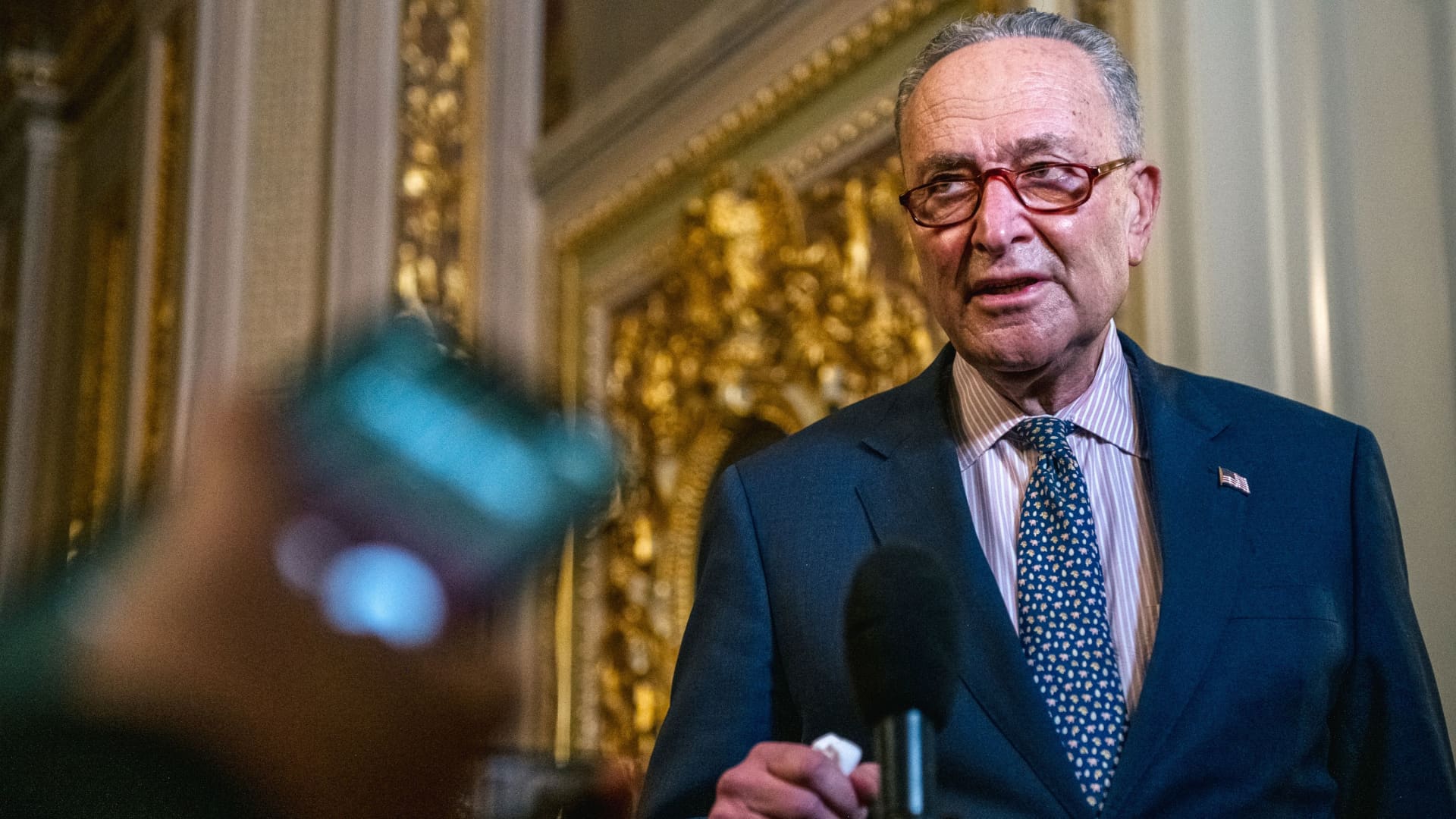U.S. Senate Majority Leader Chuck Schumer (D-NY) speaks to reporters in The Senate Reception Room during the second day of Trump's second impeachment trial in Washington, February 10, 2021.