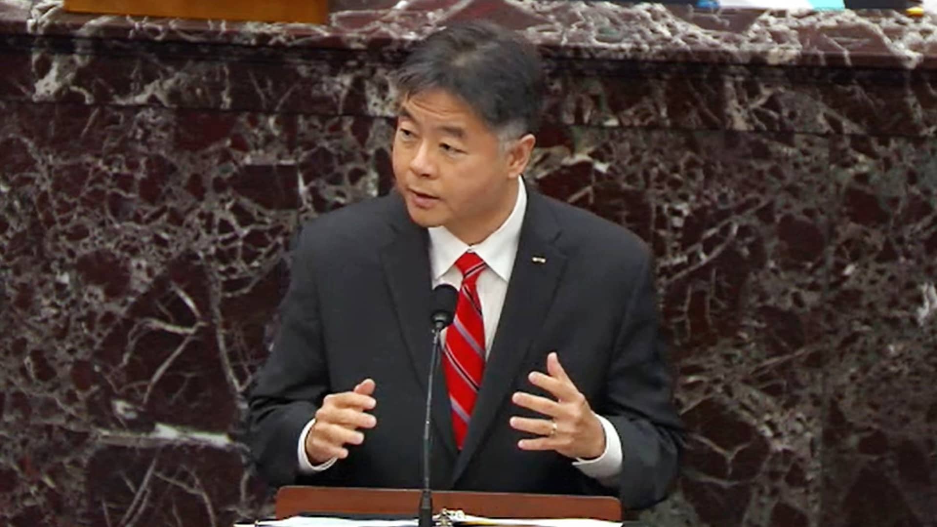 In this screenshot taken from a congress.gov webcast, Rep. Ted Lieu (D-CA) speaks on the third day of former President Donald Trump's second impeachment trial at the U.S. Capitol on February 11, 2021 in Washington, DC.