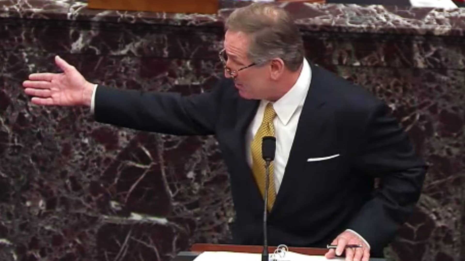 Michael van der Veen, defense attorney for Donald Trump, speaks in the Senate Chamber in a video screenshot in Washington, D.C., on Friday, Feb. 12, 2021.