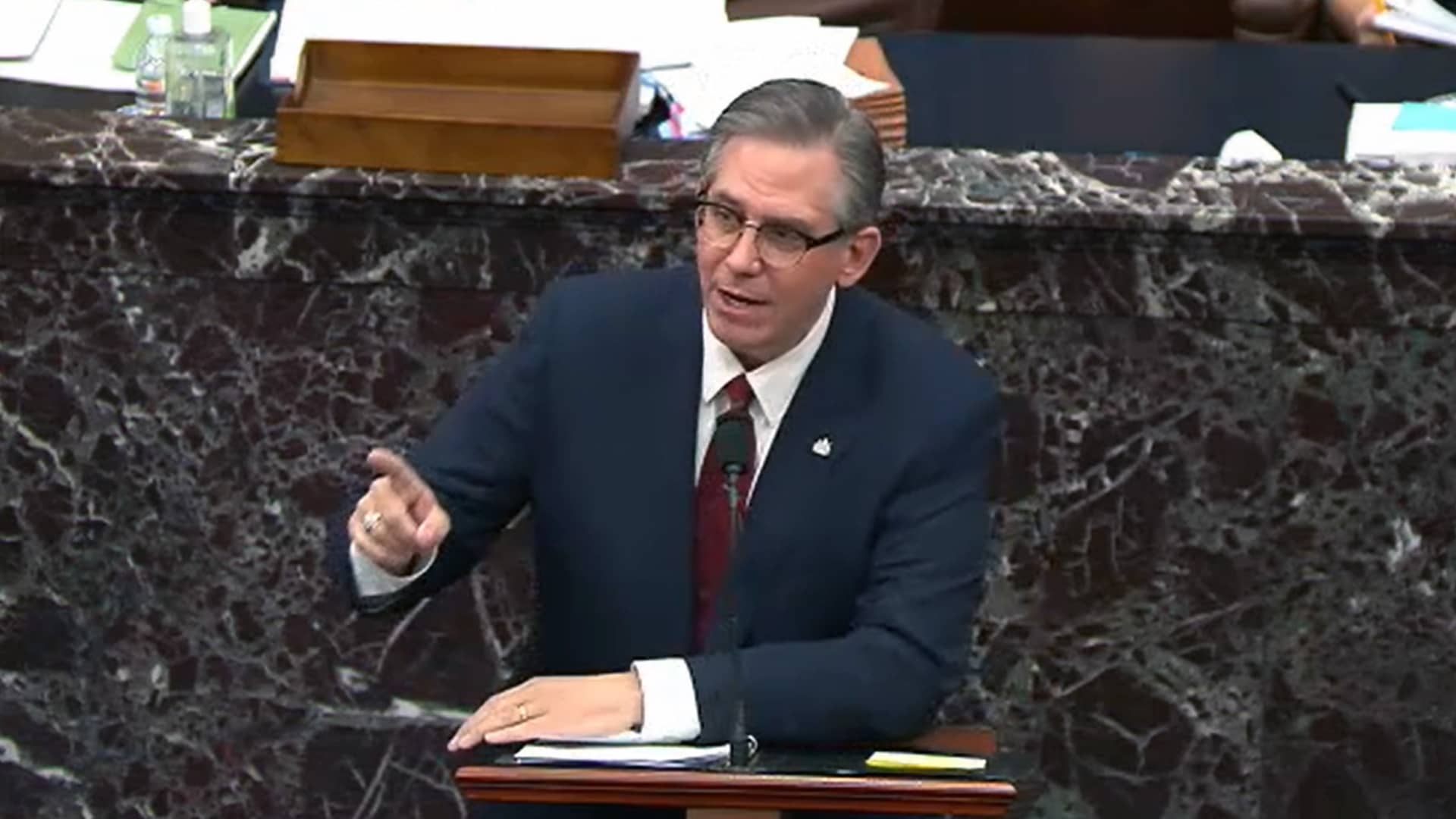 In this screenshot taken from a congress.gov webcast, Bruce Castor Jr., defense lawyer for former President Donald Trump, speaks on the fourth day of former President Donald Trump's second impeachment trial at the U.S. Capitol on February 12, 2021 in Washington, DC.