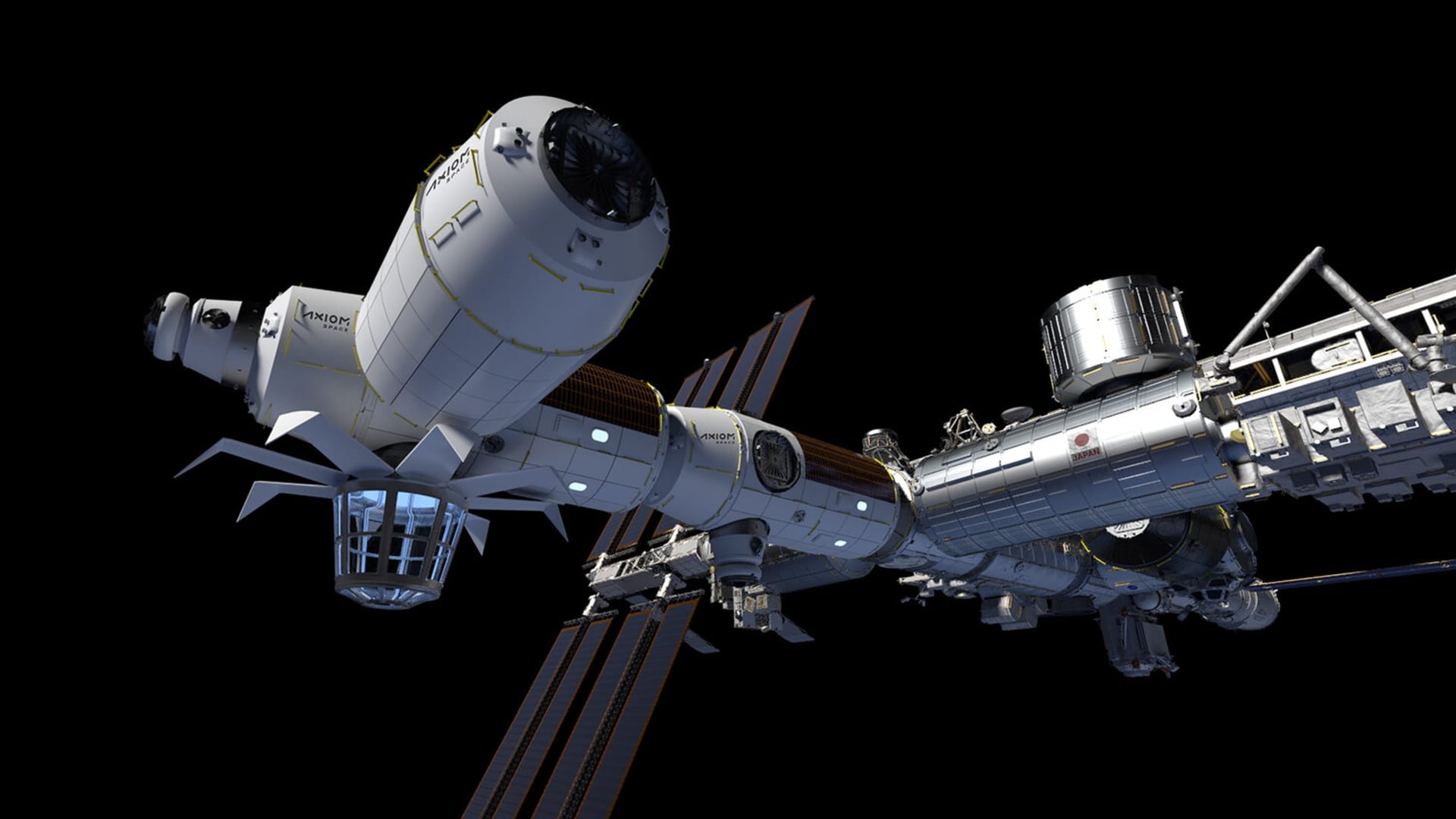 An illustration of three of the company's modules connected to the International Space Station.