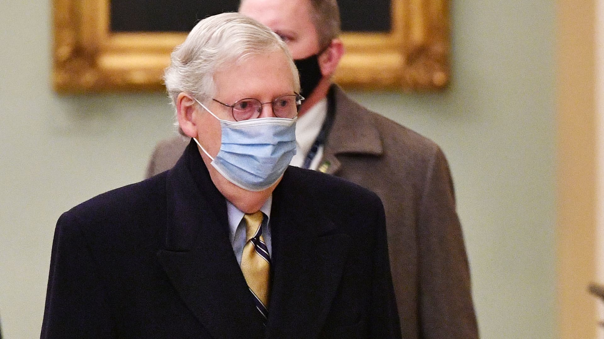 Republican Senate Minority Leader Mitch McConnell arrives at the US Capitol for the fifth day of the second impeachment trial of former US President Donald Trump, on February 13, 2021, in Washington, DC.
